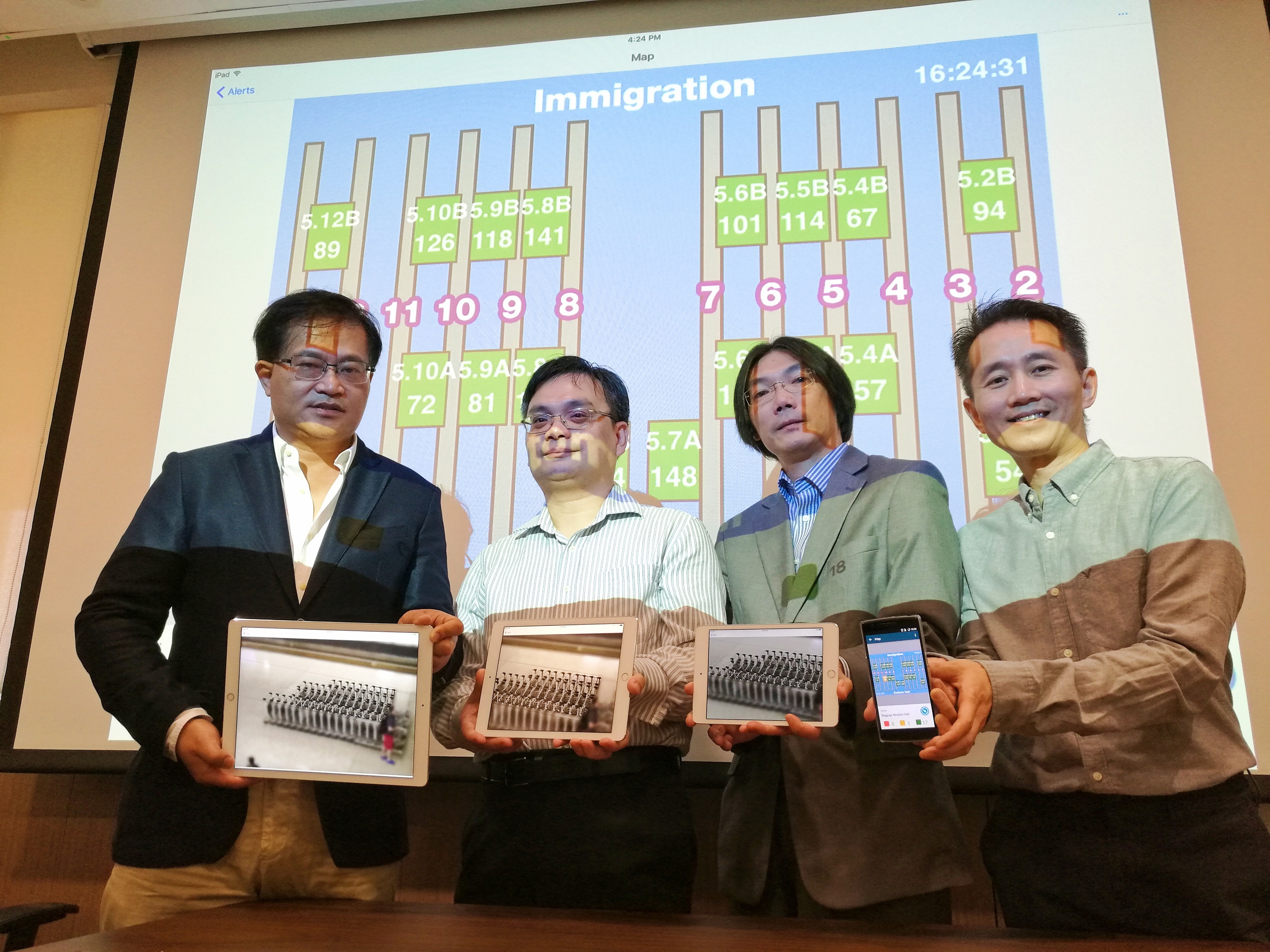CUHK's Cheng Chun-hung (1st left) and representatives from Airport Authority and cooperating partners brief the media on the system's trial operation at the Hong Kong airport. Photo: CUHK CUHK's Cheng Chun-hung (1st left) and representatives from Airport Authority and cooperating partners brief the media on the system's trial operation at the Hong Kong airport. Photo: CUHK