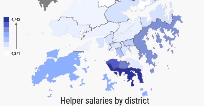 The darker the color, the higher the pay for domestic helpers. Generally, employers on Hong Kong Island, in particular those in Sheung Wan, Stanley and Mid-Levels are more generous. Photo: Helper Choice The darker the color, the higher the pay for domestic helpers. Generally, employers on Hong Kong Island, in particular those in Sheung Wan, Stanley and Mid-Levels are more generous. Photo: Helper Choice