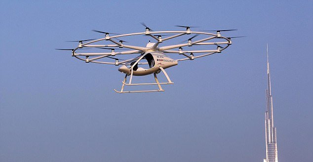 German startup Volocopter has designed a miniature helicopter with 18 rotors that will begin test flights in Dubai later this year. Photo: Reuters German startup Volocopter has designed a miniature helicopter with 18 rotors that will begin test flights in Dubai later this year. Photo: Reuters