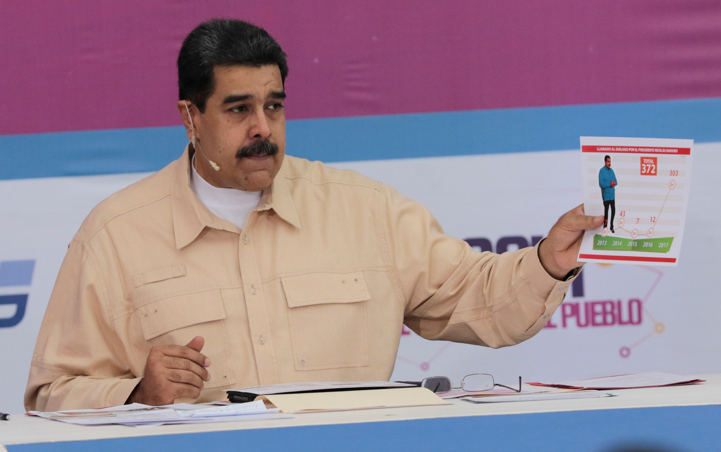 Venezuelan leader Nicolas Maduro speaks during a weekly radio and TV broadcast in Caracas on Sunday. Photo: Reuters Venezuelan leader Nicolas Maduro speaks during a weekly radio and TV broadcast in Caracas on Sunday. Photo: Reuters