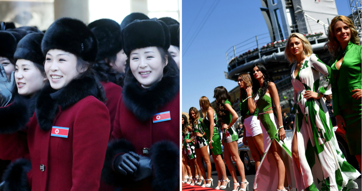 North Korean cheerleaders and the grid girls: both are the examples highlighting the dysfunctional relationship that sport has with females. Photos: Reuters/Bloomberg North Korean cheerleaders and the grid girls: both are the examples highlighting the dysfunctional relationship that sport has with females. Photos: Reuters/Bloomberg