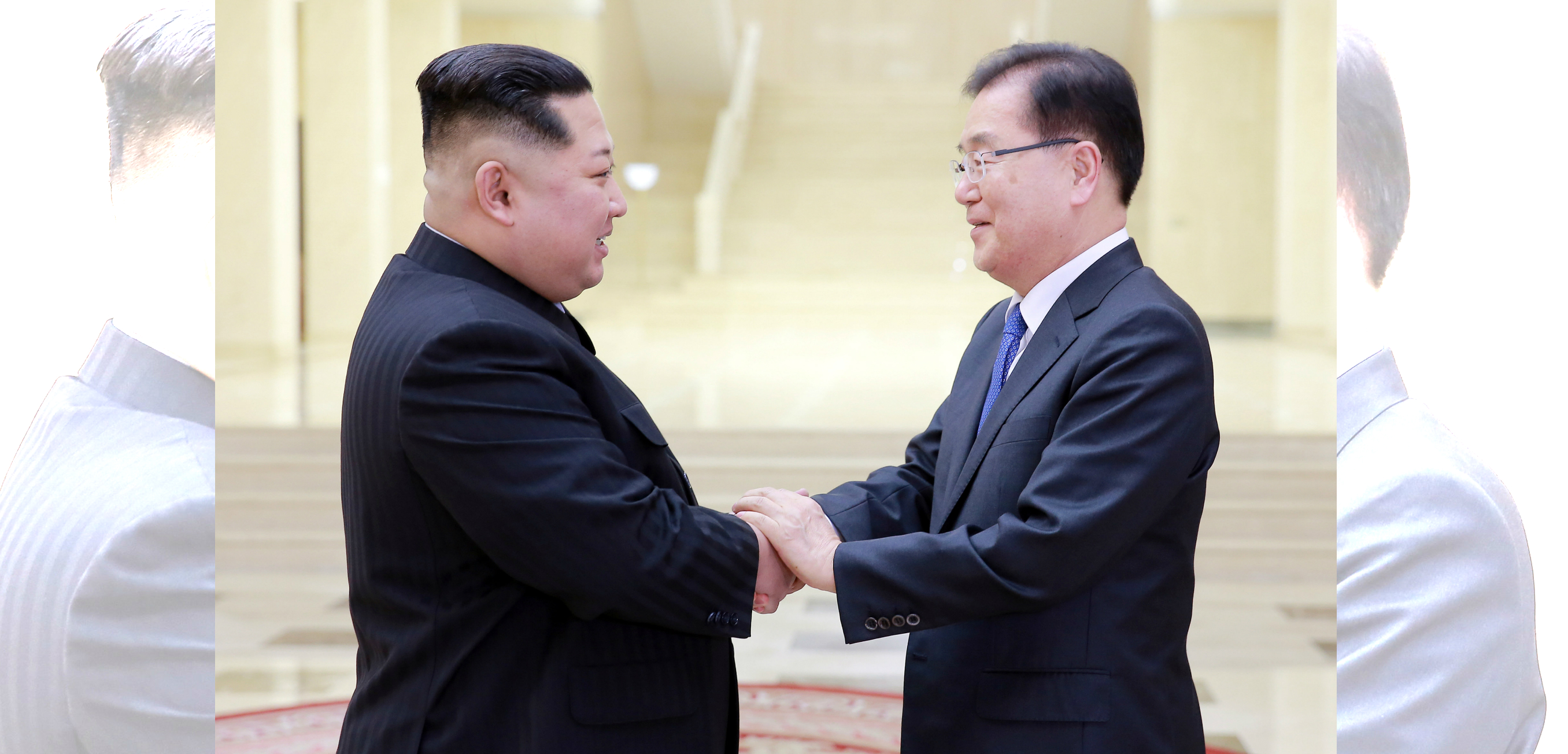 North Korean leader Kim Jong-un greets Chung Eui-yong, head of South Korea's National Security Office, in Pyongyang on Monday. Photo: Presidential Blue House/Yonhap via Reuters North Korean leader Kim Jong-un greets Chung Eui-yong, head of South Korea's National Security Office, in Pyongyang on Monday. Photo: Presidential Blue House/Yonhap via Reuters
