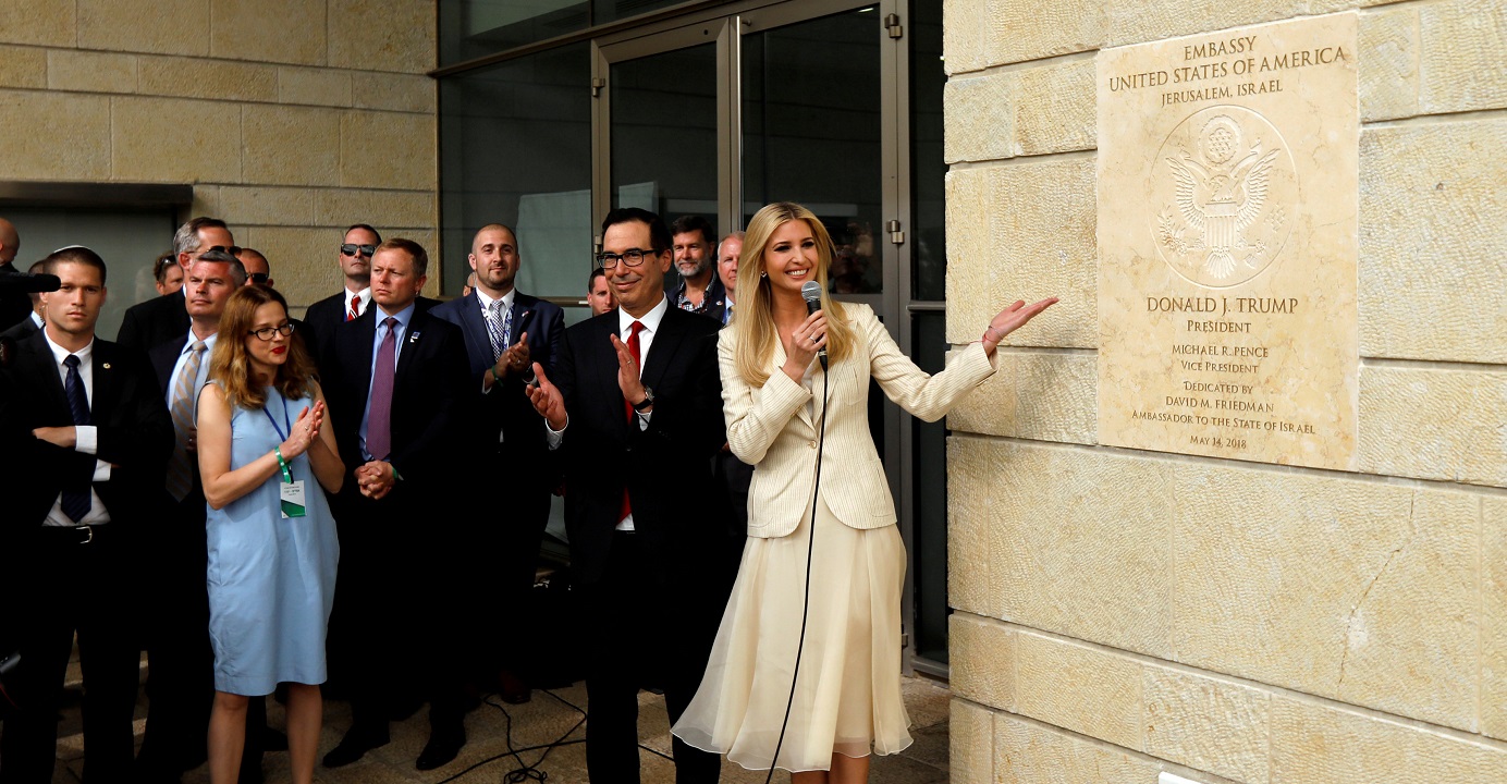Senior White House Adviser Ivanka Trump and US Treasury Secretary Steven Mnuchin stand next to a plaque during the dedication ceremony of the new US embassy in Jerusalem on May 14. Photo: Reuters Senior White House Adviser Ivanka Trump and US Treasury Secretary Steven Mnuchin stand next to a plaque during the dedication ceremony of the new US embassy in Jerusalem on May 14. Photo: Reuters