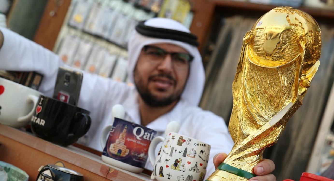 A mock-up of the World Cup trophy is displayed at a shop in Souk Waqif in Doha, Qatar. Photo: Reuters A mock-up of the World Cup trophy is displayed at a shop in Souk Waqif in Doha, Qatar. Photo: Reuters