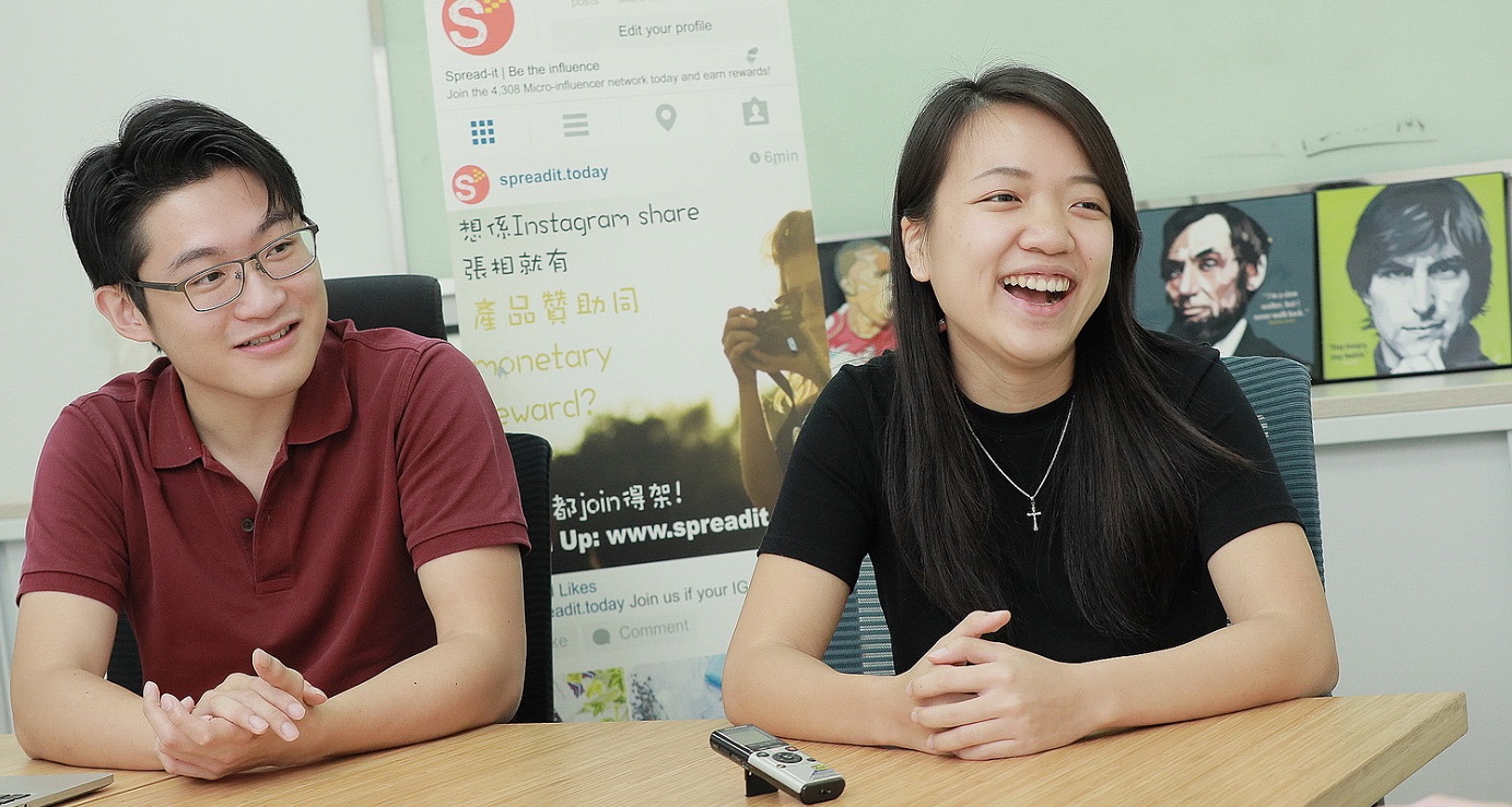 Spread-it's founder duo Ng Si-wa (L) and Li Wing-yin. The startup runs a platform matching brands with micro-influencers for marketing campaigns. Photo: HKEJ Spread-it's founder duo Ng Si-wa (L) and Li Wing-yin. The startup runs a platform matching brands with micro-influencers for marketing campaigns. Photo: HKEJ