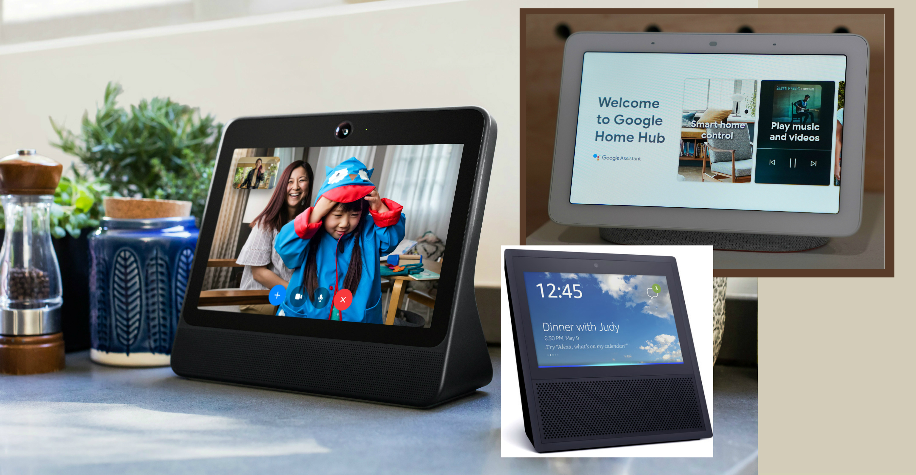 New devices for your living room: (clockwise, from left) Facebook's Portal, Google's Home Hub and Amazon's Echo Show. Photo: Reuters/AFP/Amazon New devices for your living room: (clockwise, from left) Facebook's Portal, Google's Home Hub and Amazon's Echo Show. Photo: Reuters/AFP/Amazon