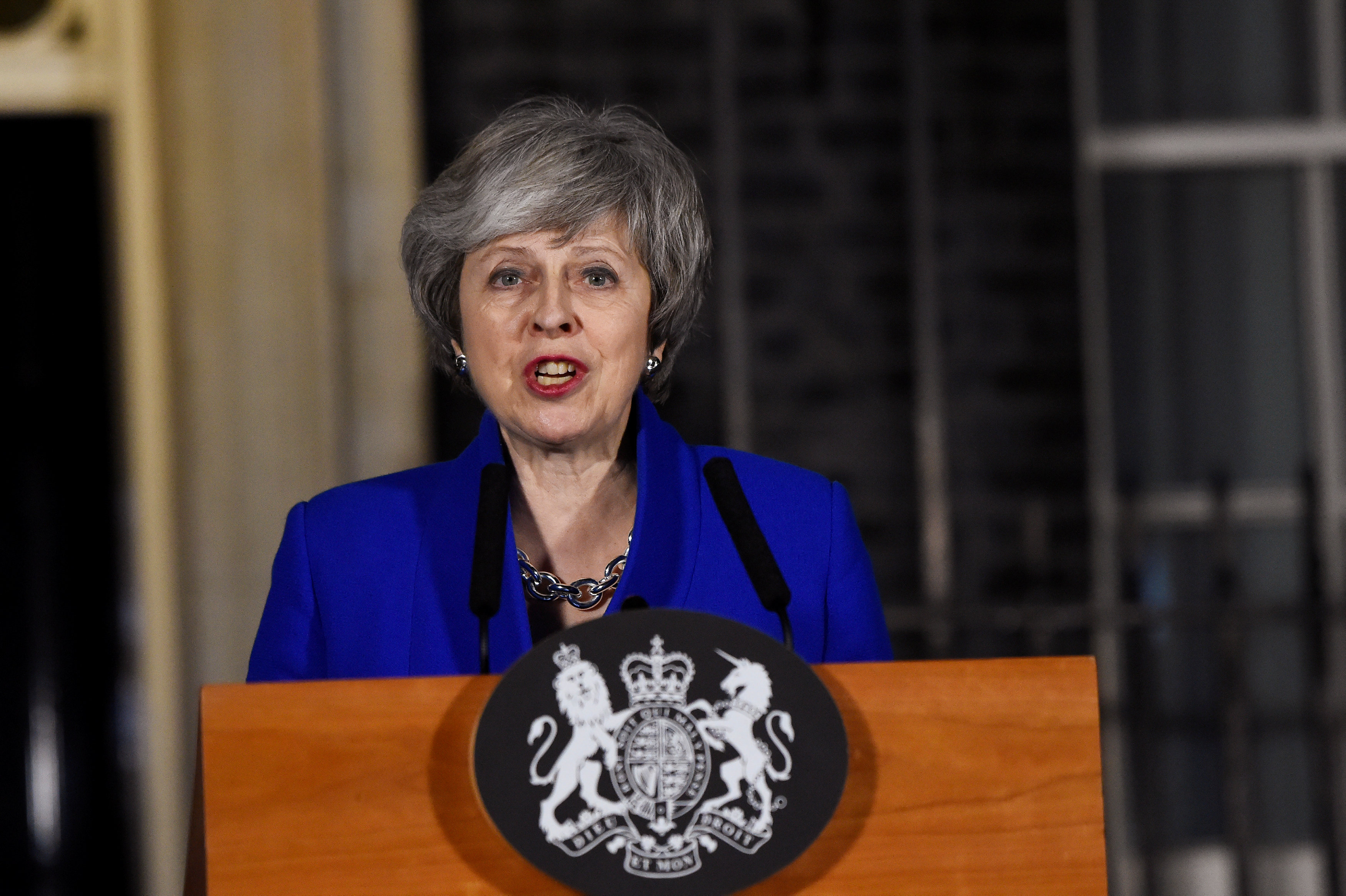 Theresa May makes a statement outside 10 Downing Street in London on Wednesday after winning a confidence vote in parliament. Photo: Reuters Theresa May makes a statement outside 10 Downing Street in London on Wednesday after winning a confidence vote in parliament. Photo: Reuters