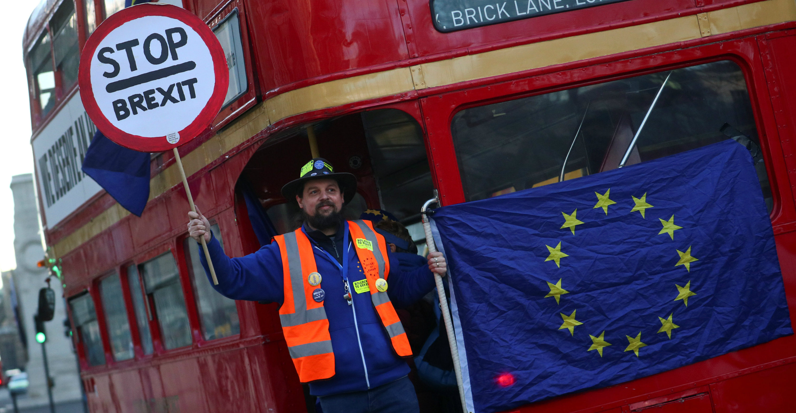 An anti-Brexit protesters' bus drives on Whitehall in London on Monday. Photo: Reuters An anti-Brexit protesters' bus drives on Whitehall in London on Monday. Photo: Reuters