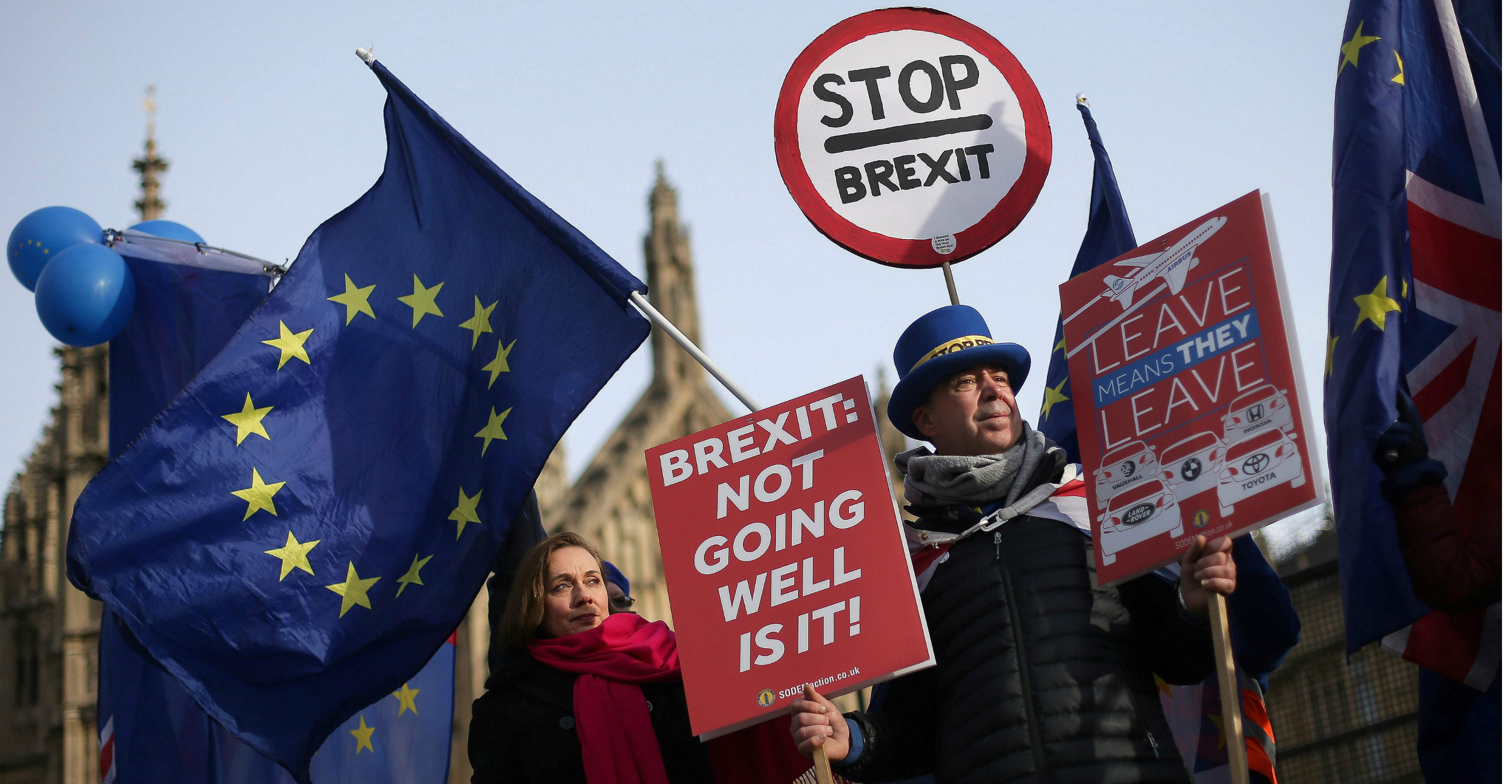 Anti-Brexit activists demonstrate outside the Houses of Parliament in London. Photo: AFP Anti-Brexit activists demonstrate outside the Houses of Parliament in London. Photo: AFP