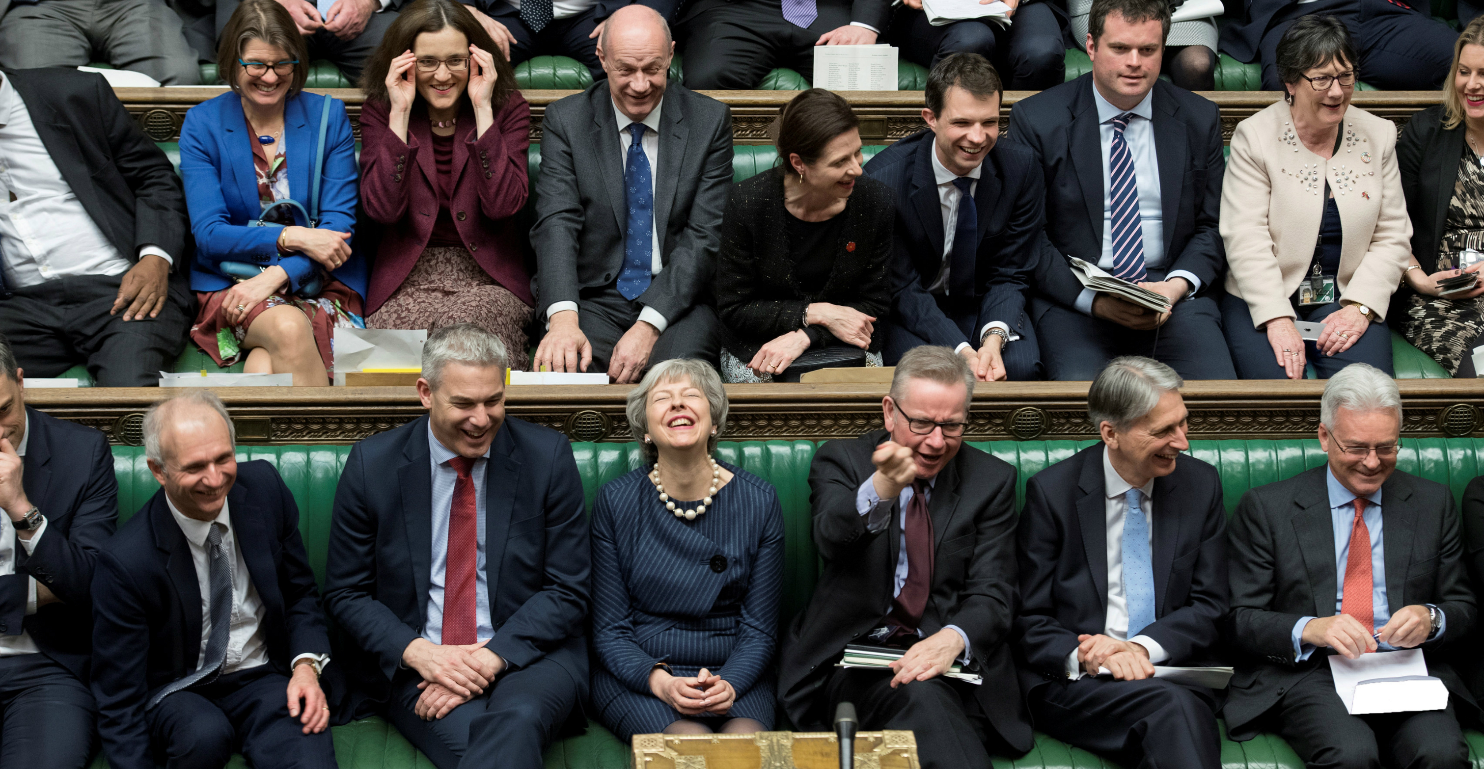 British Prime Minister Theresa May reacts during the debate on extending the Brexit negotiating period in Parliament in London on Thursday. Photo: Reuters British Prime Minister Theresa May reacts during the debate on extending the Brexit negotiating period in Parliament in London on Thursday. Photo: Reuters