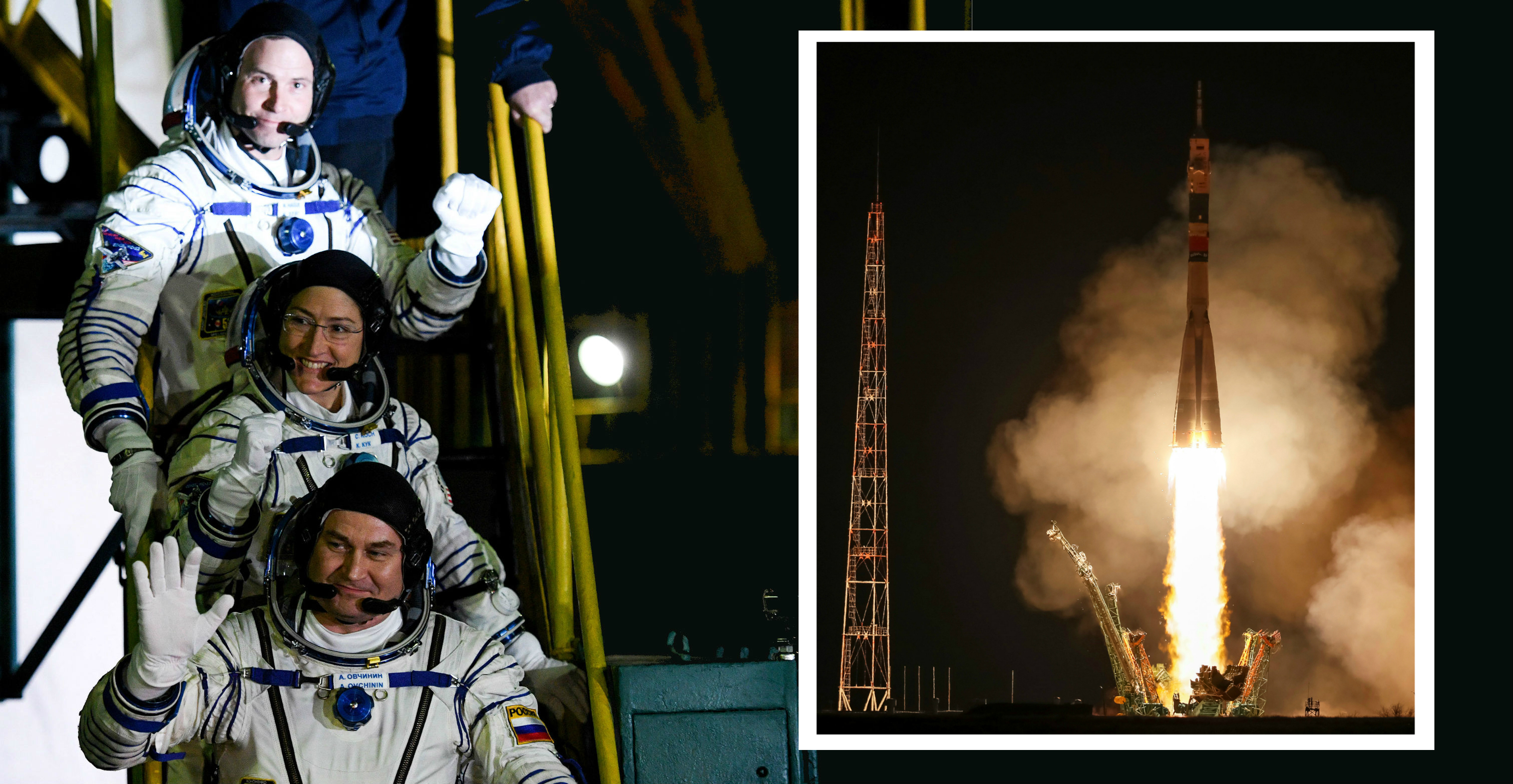 The Soyuz MS-12 spacecraft, carrying Aleksey Ovchinin of Russia and Nick Hague and Christina Koch of the United States, blasts off from the launchpad at the Baikonur Cosmodrome in Kazakhstan on Friday. Photo: Reuters The Soyuz MS-12 spacecraft, carrying Aleksey Ovchinin of Russia and Nick Hague and Christina Koch of the United States, blasts off from the launchpad at the Baikonur Cosmodrome in Kazakhstan on Friday. Photo: Reuters
