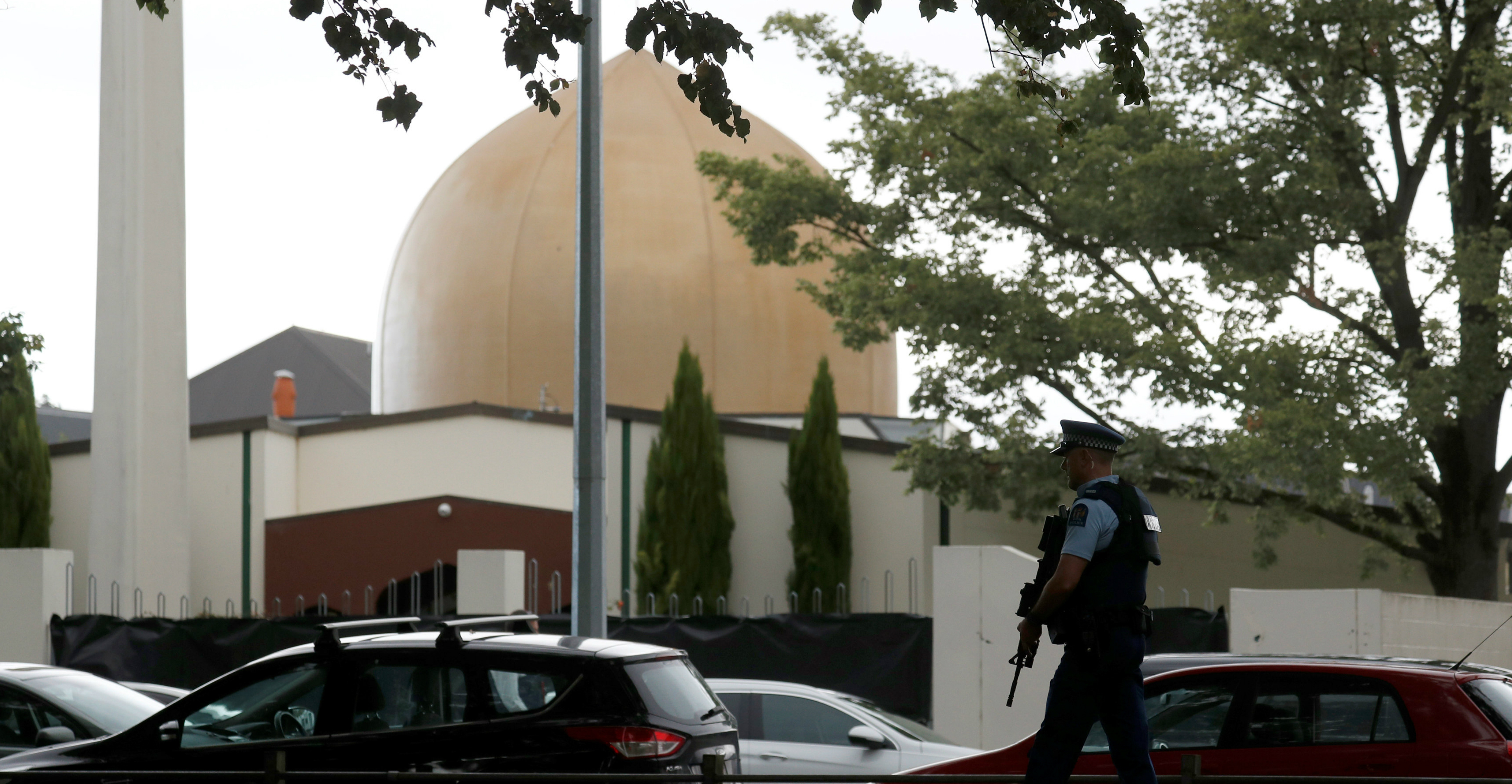 A policeman patrols outside Al Noor mosque after Friday's mosque attacks in Christchurch. Photo: Reuters A policeman patrols outside Al Noor mosque after Friday's mosque attacks in Christchurch. Photo: Reuters