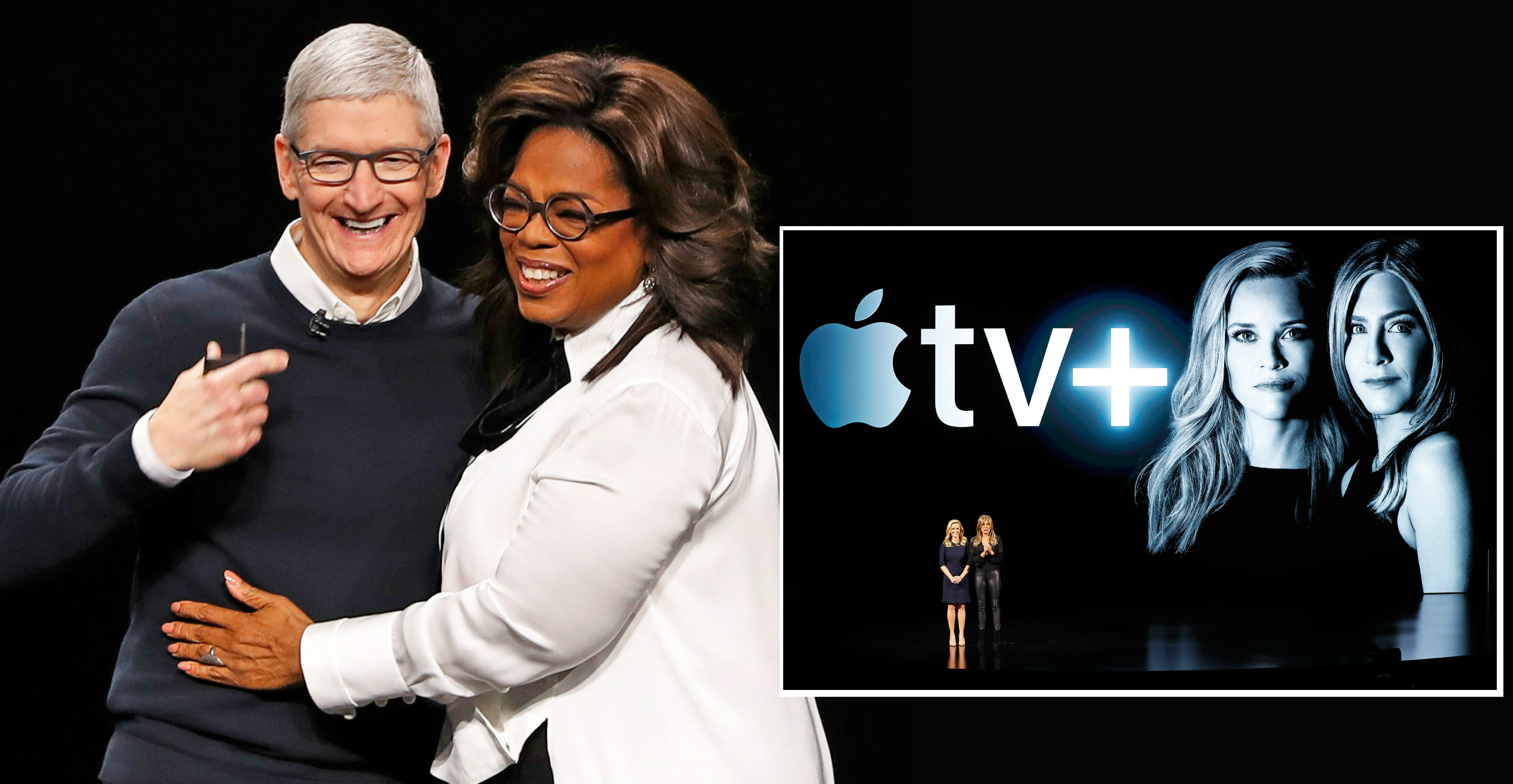Apple CEO Tim Cook is joined by media and entertainment celebrities including Oprah Winfrey, Reese Witherspoon and Jennifer Aniston during a company event at the Steve Jobs Theater in Cupertino, California, on Monday. Photo: Reuters Apple CEO Tim Cook is joined by media and entertainment celebrities including Oprah Winfrey, Reese Witherspoon and Jennifer Aniston during a company event at the Steve Jobs Theater in Cupertino, California, on Monday. Photo: Reuters