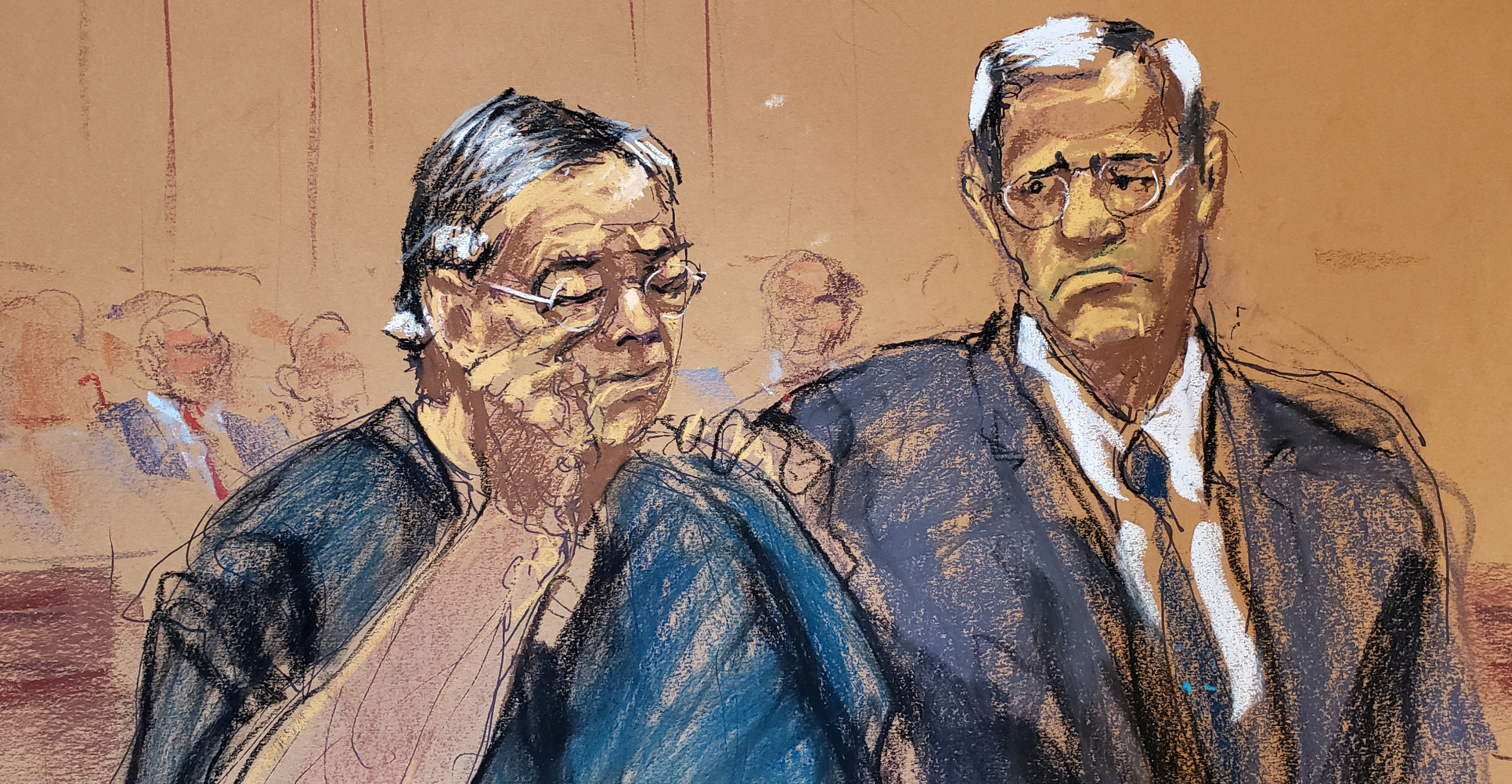 Courtroom sketch depicts Patrick Ho being consoled by his lawyer Benjamin Rosenberg after he was sentenced by the judge in New York on Monday. Photo: Reuters Courtroom sketch depicts Patrick Ho being consoled by his lawyer Benjamin Rosenberg after he was sentenced by the judge in New York on Monday. Photo: Reuters