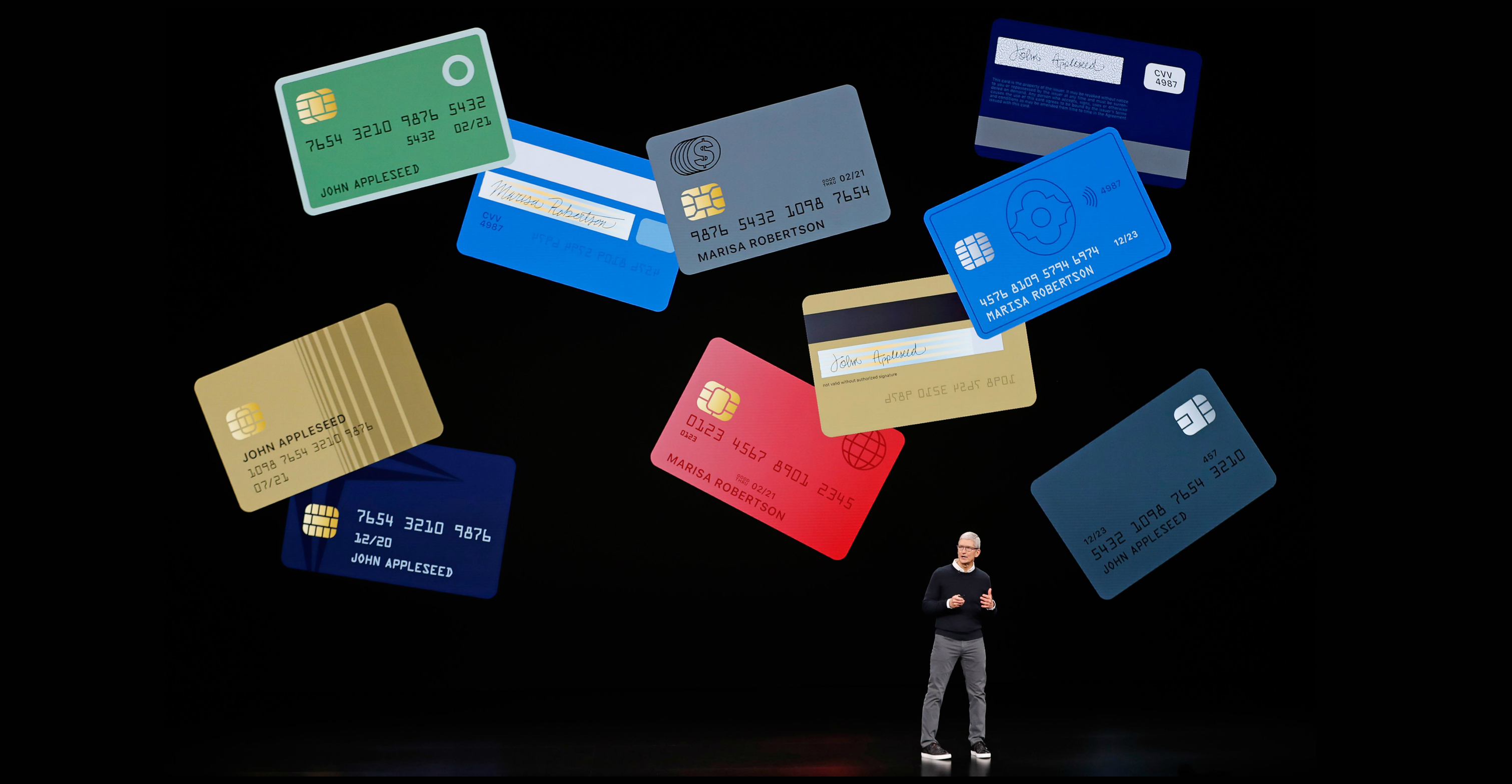 Chief executive Tim Cook introduces the Apple Card during a special event at the company headquarters in Cupertino, California, on Monday. Photo: Reuters Chief executive Tim Cook introduces the Apple Card during a special event at the company headquarters in Cupertino, California, on Monday. Photo: Reuters