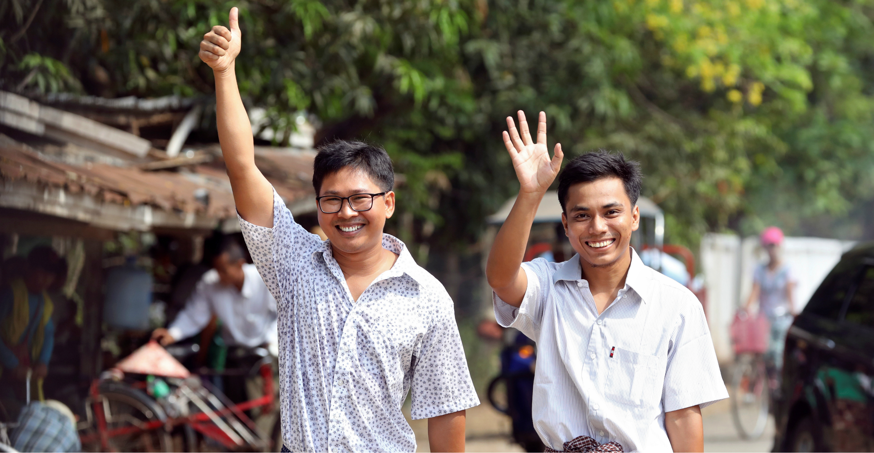 Reuters reporters Wa Lone (left) and Kyaw Soe Oo walk free after receiving a presidential pardon in Yangon on Tuesday. Photo: Reuters Reuters reporters Wa Lone (left) and Kyaw Soe Oo walk free after receiving a presidential pardon in Yangon on Tuesday. Photo: Reuters