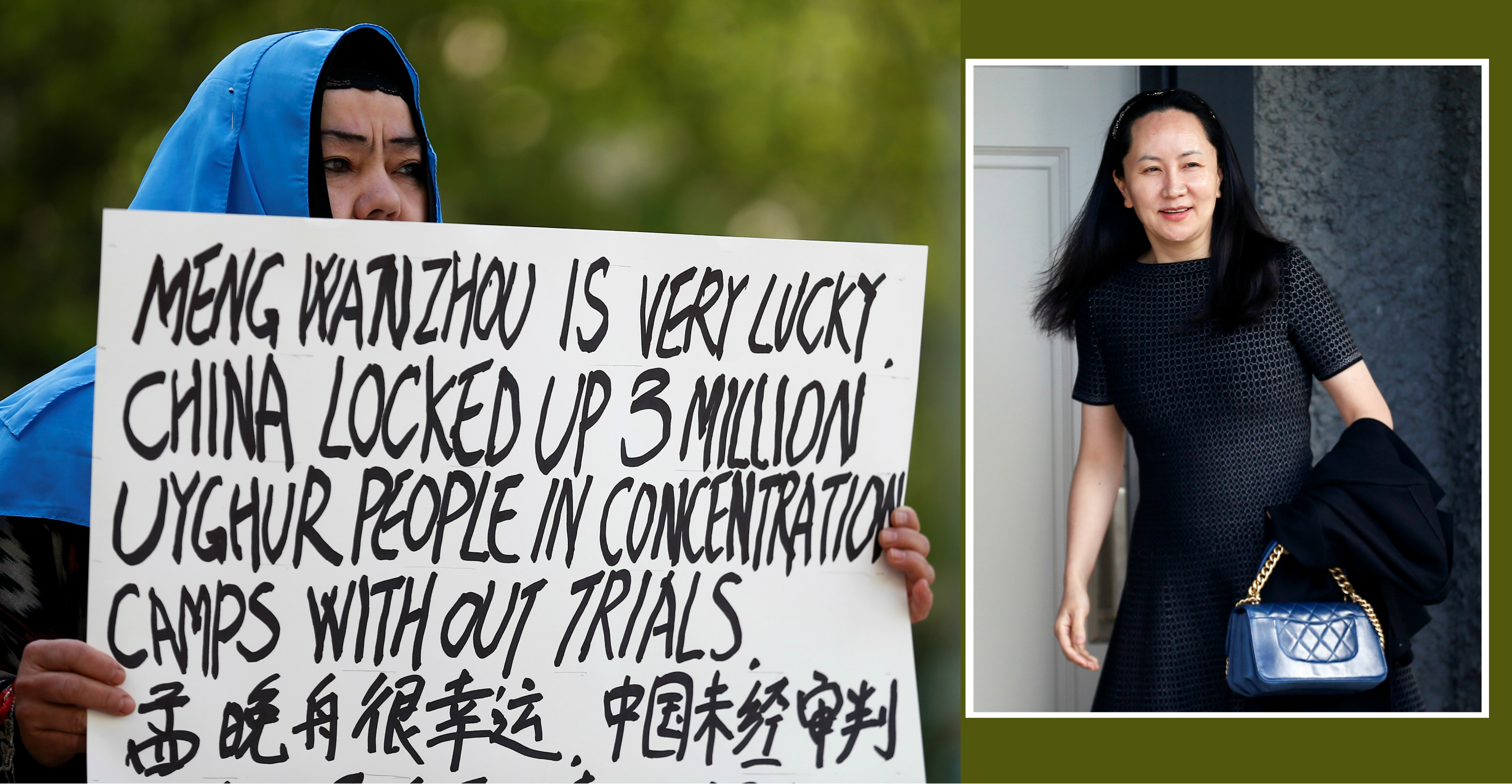 A demonstrator holds a sign protesting China's treatment of Uighur people in Xinjiang during a court appearance by Huawei CFO Meng Wanzhou in Vancouver on Wednesday. Photo: Reuters A demonstrator holds a sign protesting China's treatment of Uighur people in Xinjiang during a court appearance by Huawei CFO Meng Wanzhou in Vancouver on Wednesday. Photo: Reuters