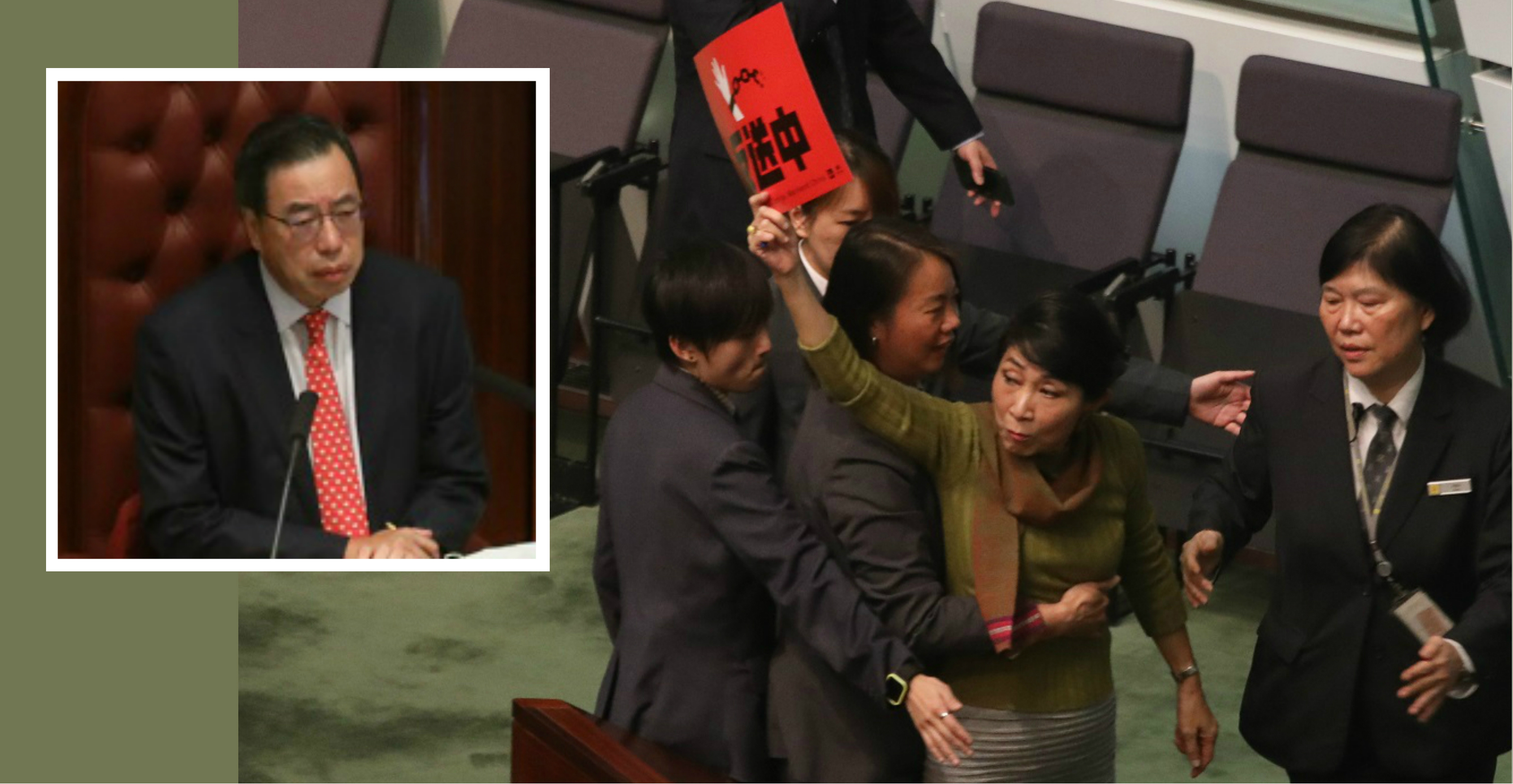 Pan-dem lawmaker Claudia Mo is ordered evicted from the chamber by Legco president Andrew Leung (inset) on Thursday. Photo: HKEJ Pan-dem lawmaker Claudia Mo is ordered evicted from the chamber by Legco president Andrew Leung (inset) on Thursday. Photo: HKEJ