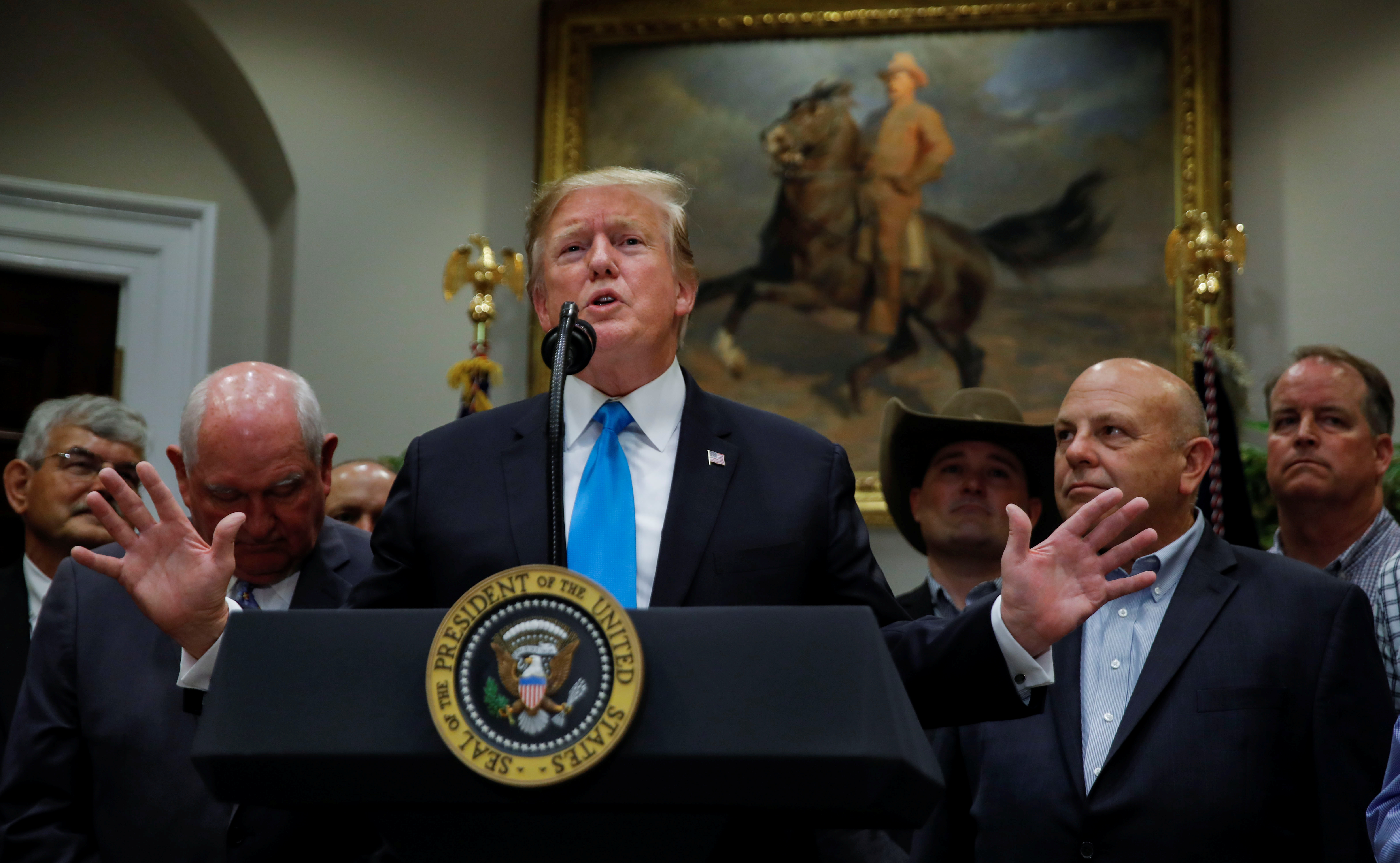 US President Donald Trump speaks to reporters at the White House on Thursday during an event devoted to ‘America's farmers and ranchers’. Photo: Reuters US President Donald Trump speaks to reporters at the White House on Thursday during an event devoted to ‘America's farmers and ranchers’. Photo: Reuters