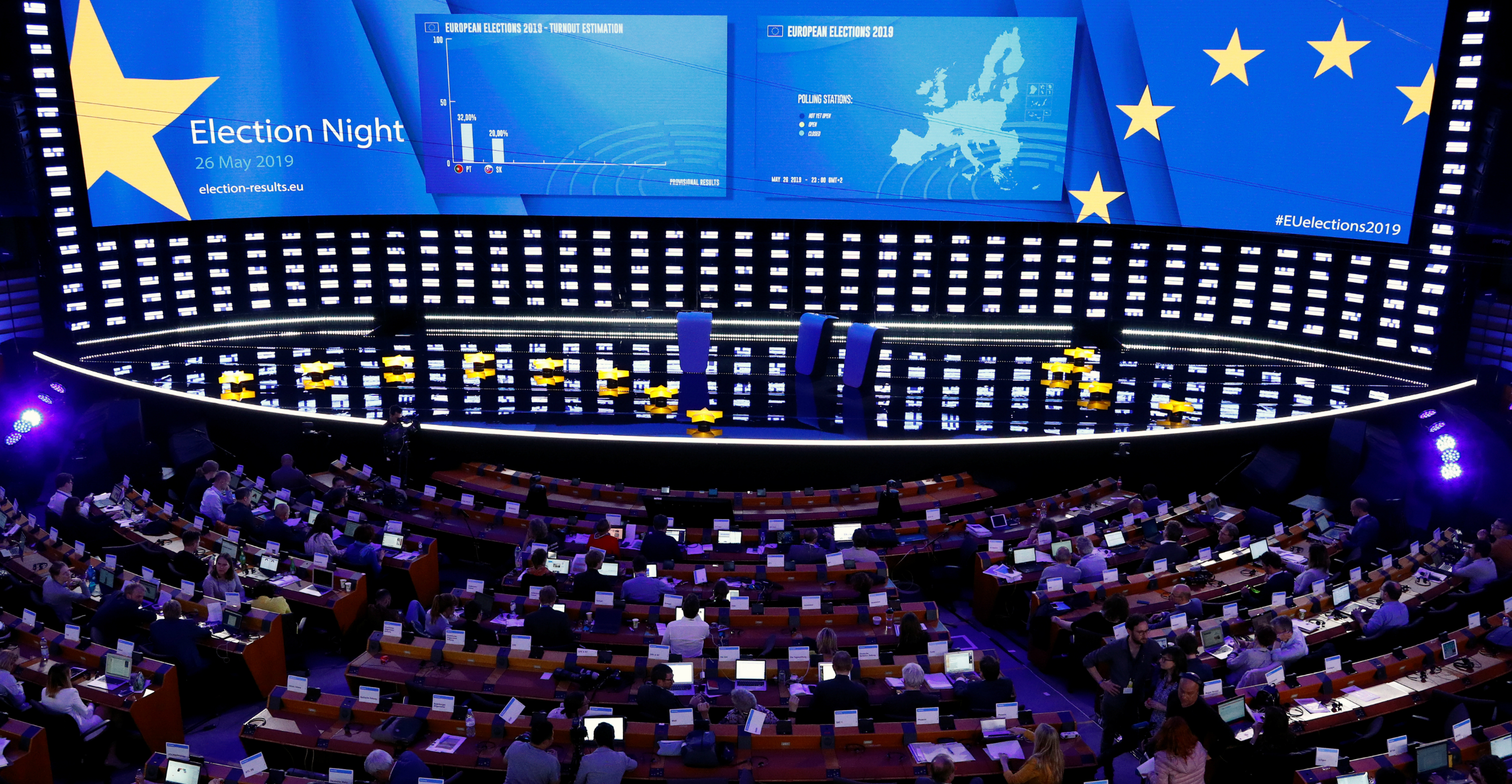 Exit poll results are displayed on a screen at the plenary hall of the European Parliament in Brussels on Sunday. Photo: Reuters Exit poll results are displayed on a screen at the plenary hall of the European Parliament in Brussels on Sunday. Photo: Reuters