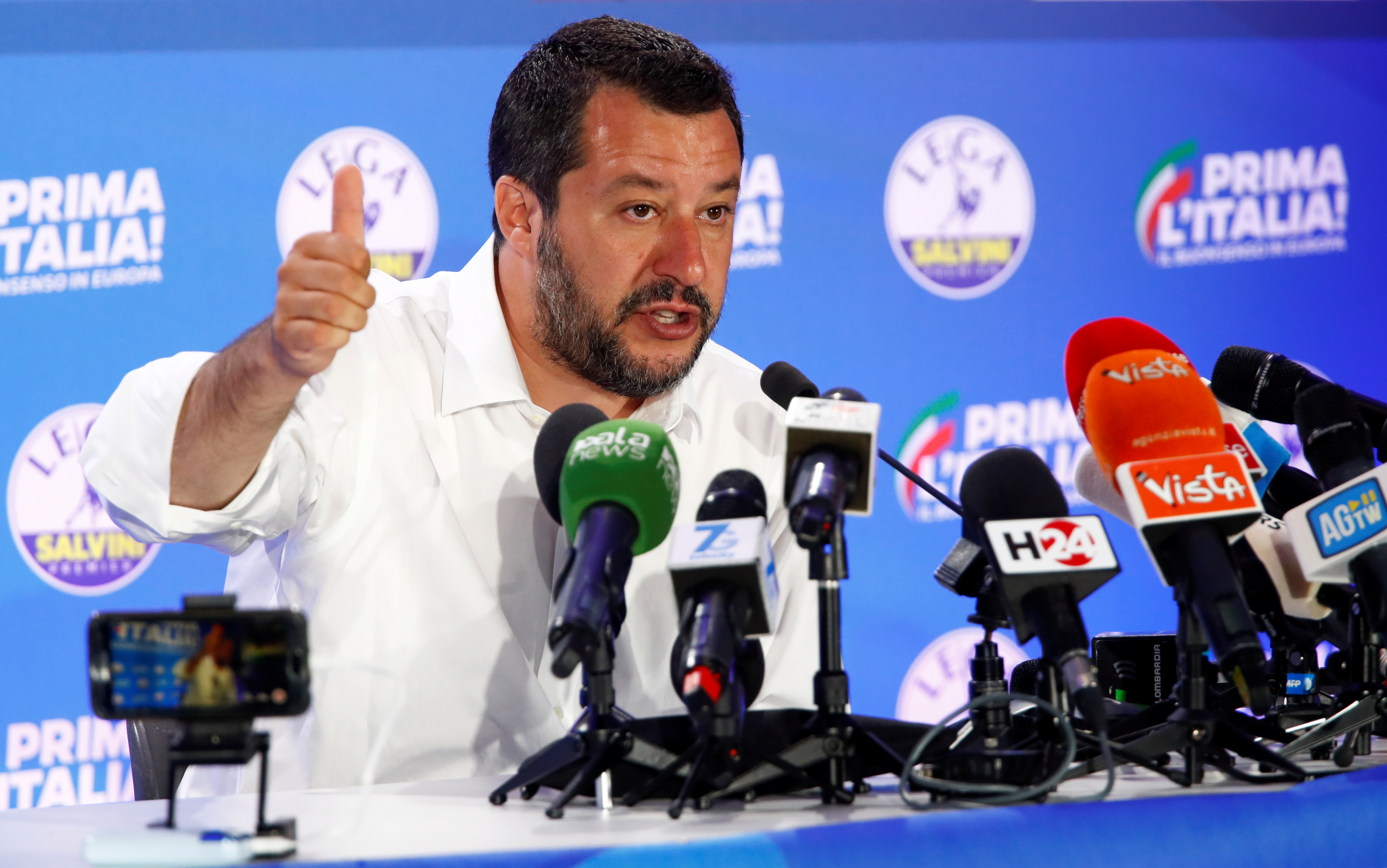 Italian Deputy Prime Minister and League party leader Matteo Salvini speaks to the media at his party headquarters in Milan on Monday following the results of the European Parliament elections. Photo: Reuters Italian Deputy Prime Minister and League party leader Matteo Salvini speaks to the media at his party headquarters in Milan on Monday following the results of the European Parliament elections. Photo: Reuters