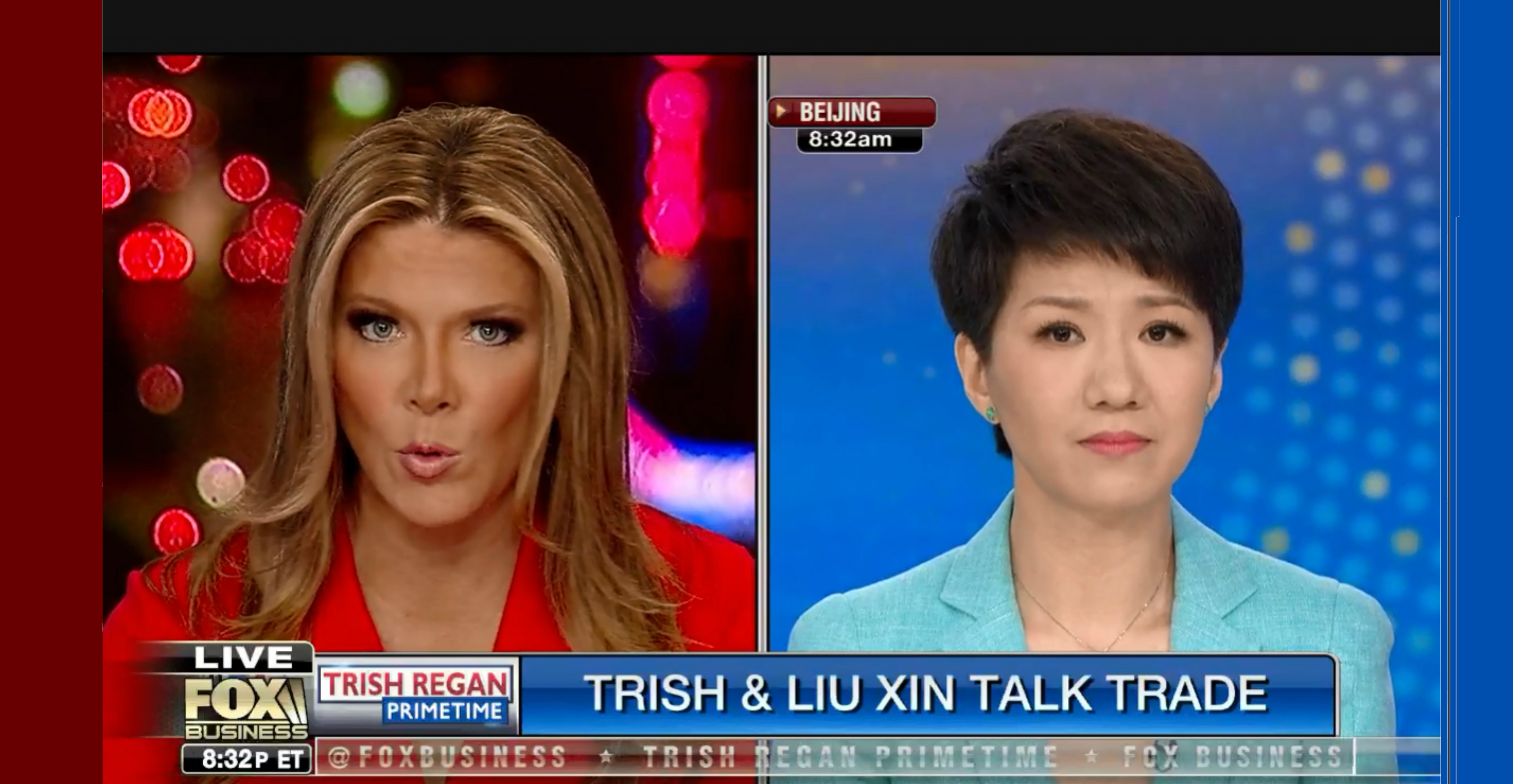 CGTN anchor Liu Xin and Fox Business Network host Trish Regan discuss the US-China trade war in a live TV broadcast. Photo: Fox Business Network CGTN anchor Liu Xin and Fox Business Network host Trish Regan discuss the US-China trade war in a live TV broadcast. Photo: Fox Business Network