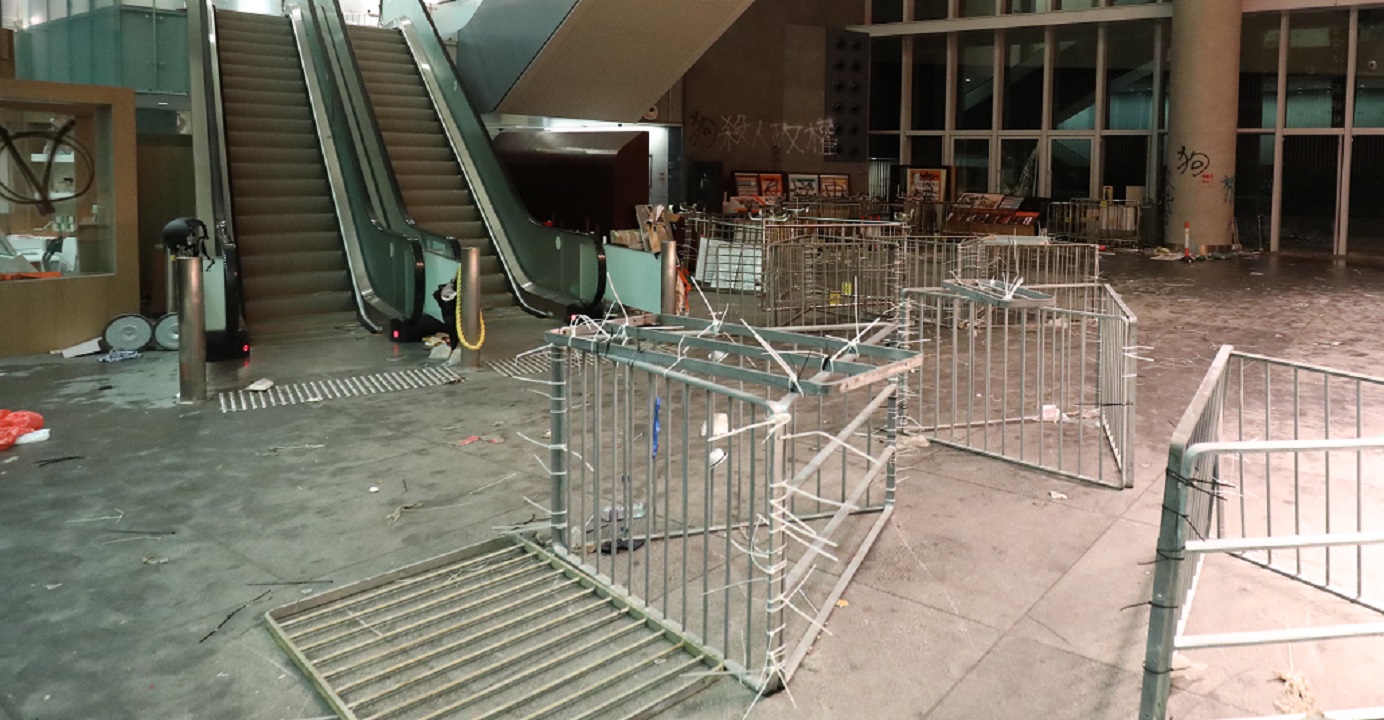 The morning-after scene following the storming of the Legco complex on Monday night. Photo: HKEJ The morning-after scene following the storming of the Legco complex on Monday night. Photo: HKEJ