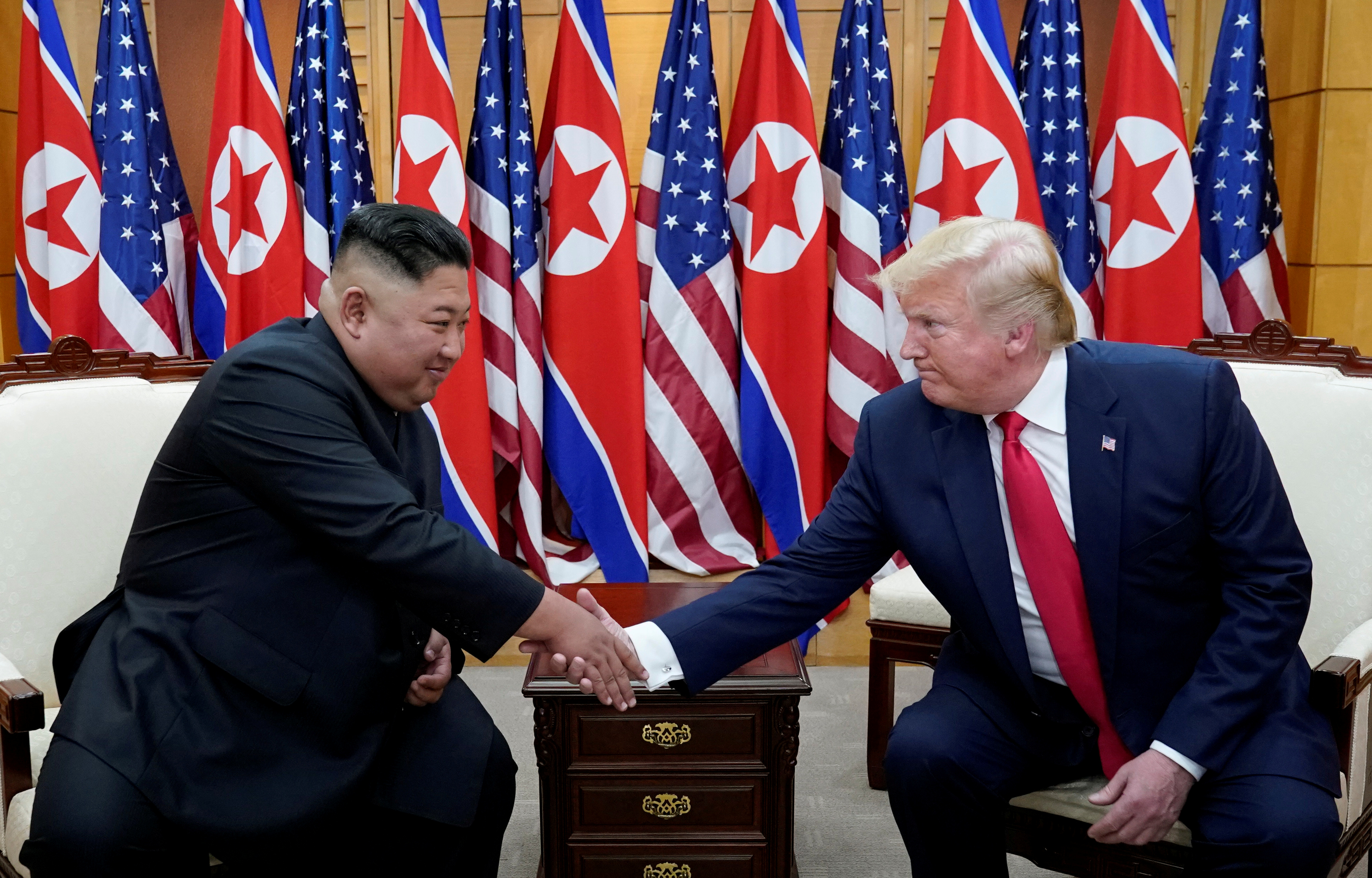 US President Donald Trump shakes hands with North Korean leader Kim Jong-un as they meet at the demilitarized zone separating the two Koreas, in Panmunjom, South Korea, on June 30. Photo: Reuters US President Donald Trump shakes hands with North Korean leader Kim Jong-un as they meet at the demilitarized zone separating the two Koreas, in Panmunjom, South Korea, on June 30. Photo: Reuters