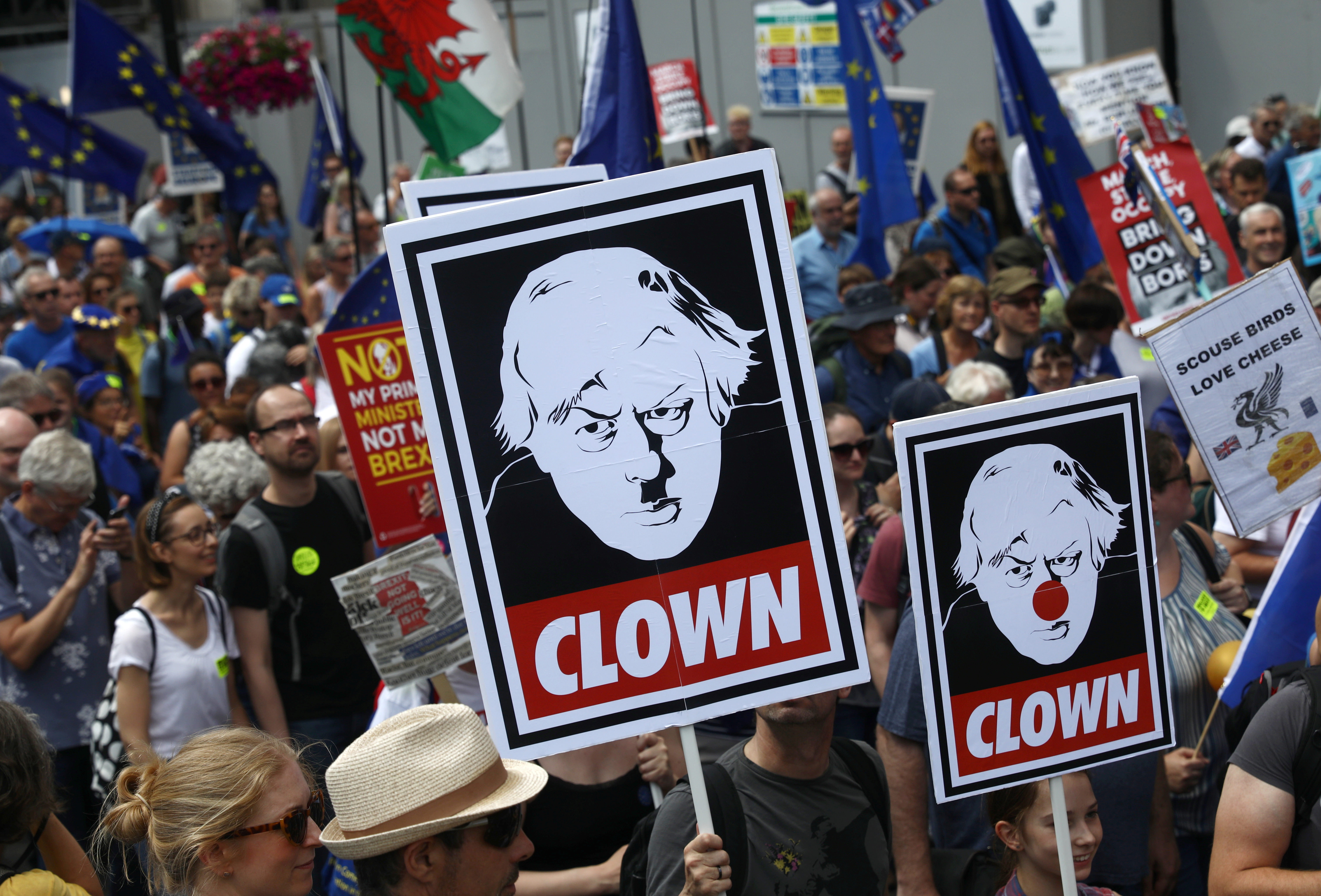 Anti-Brexit protesters hold banners during a ‘No to Boris, Yes to Europe’ march in London on July 20. Photo: Reuters Anti-Brexit protesters hold banners during a ‘No to Boris, Yes to Europe’ march in London on July 20. Photo: Reuters