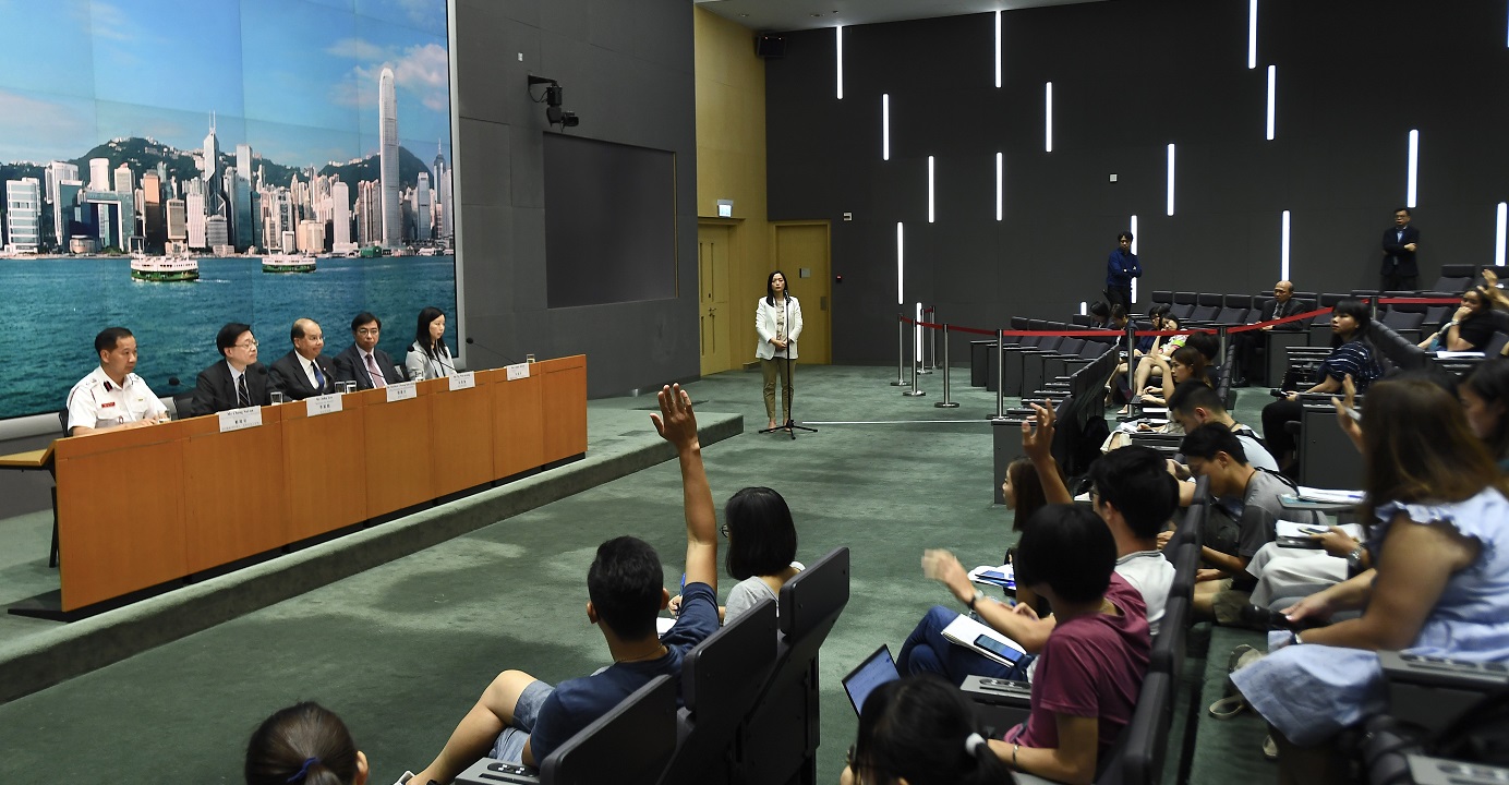 Top government officials speak at an inter-departmental press conference in Hong Kong on Tuesday to discuss the ongoing social disturbances in the city. Photo: CNSA Top government officials speak at an inter-departmental press conference in Hong Kong on Tuesday to discuss the ongoing social disturbances in the city. Photo: CNSA