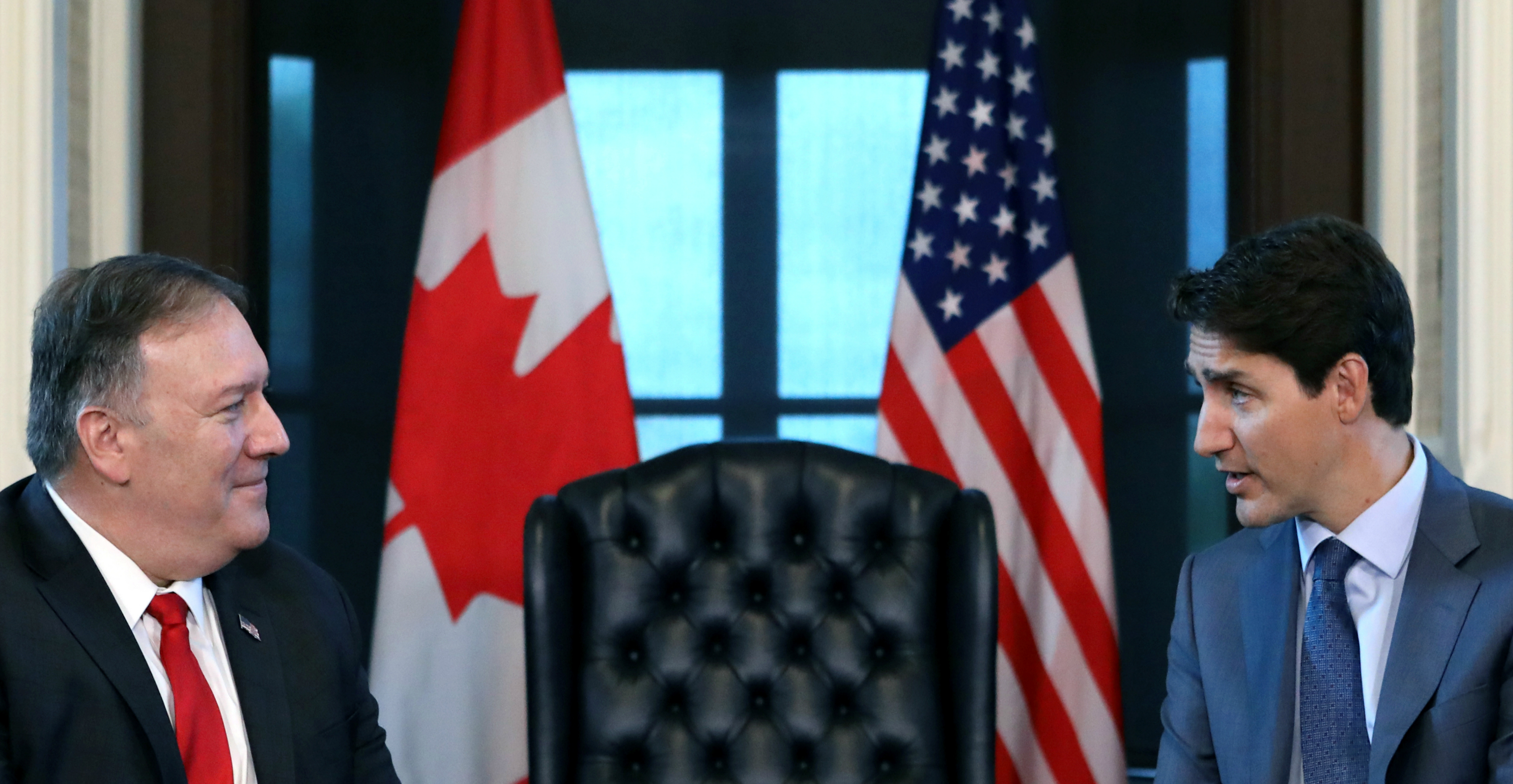 Canadian Prime Minister Justin Trudeau (right) meets with US Secretary of State Mike Pompeo in Trudeau's office on Parliament Hill in Ottawa, Ontario, on Wednesday. Photo: Reuters Canadian Prime Minister Justin Trudeau (right) meets with US Secretary of State Mike Pompeo in Trudeau's office on Parliament Hill in Ottawa, Ontario, on Wednesday. Photo: Reuters