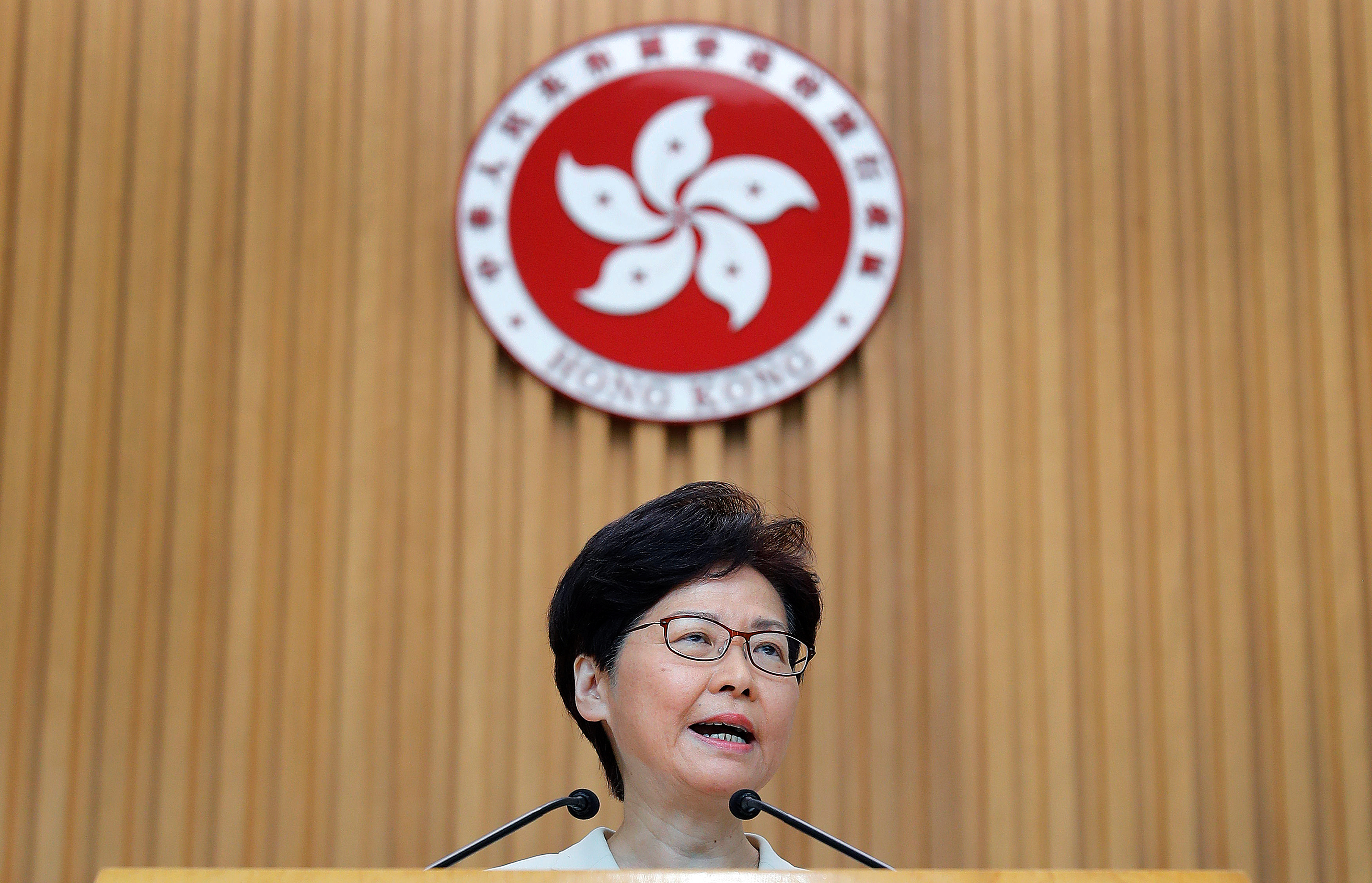 Hong Kong's leader Carrie Lam speaks to reporters on Tuesday ahead of a weekly Executive Council meeting. Photo: Reuters Hong Kong's leader Carrie Lam speaks to reporters on Tuesday ahead of a weekly Executive Council meeting. Photo: Reuters