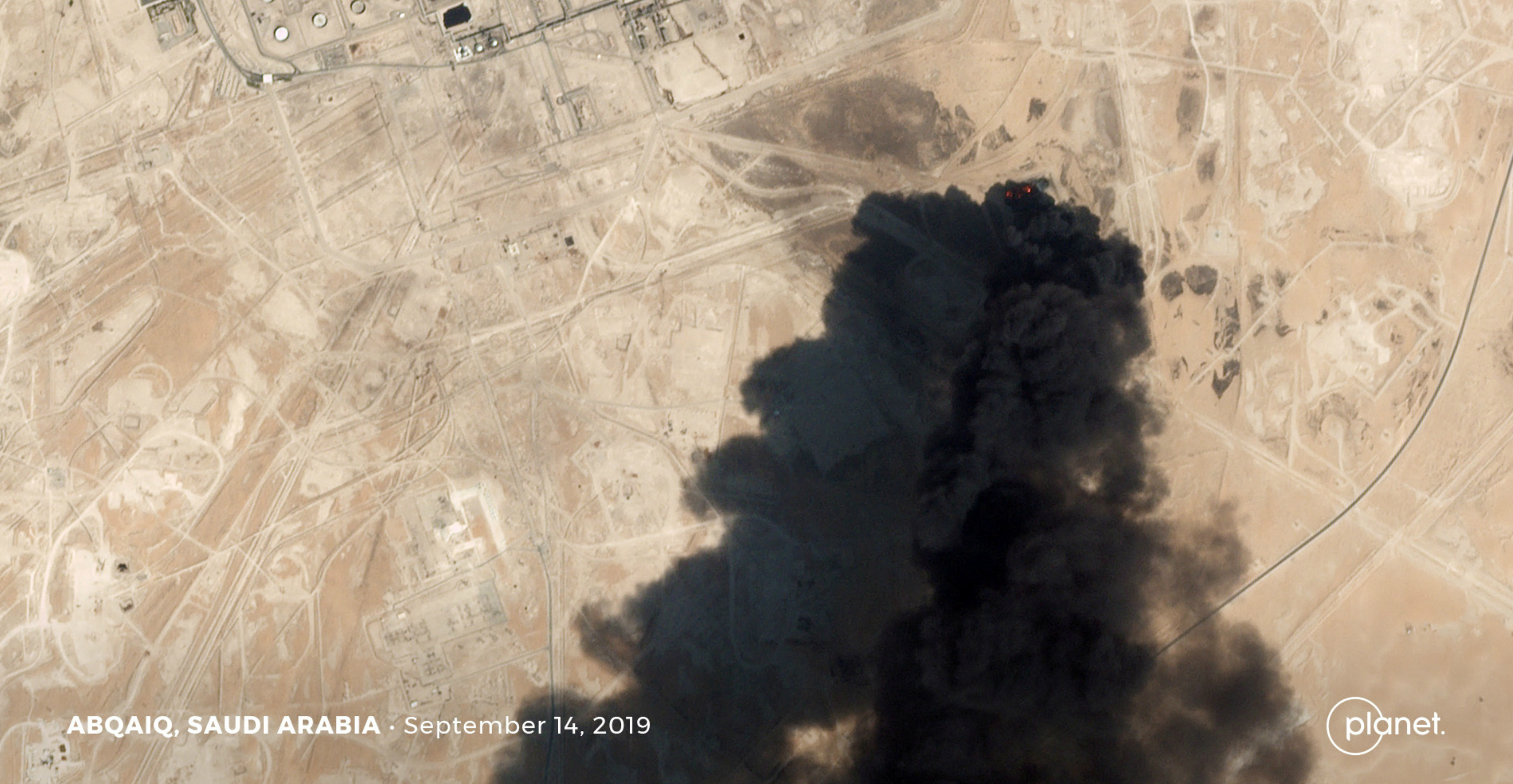 A satellite image shows an apparent drone strike on an Aramco oil facility in Abqaiq, Saudi Arabia, on Saturday. Planet Labs/ Handout via Reuters A satellite image shows an apparent drone strike on an Aramco oil facility in Abqaiq, Saudi Arabia, on Saturday. Planet Labs/ Handout via Reuters