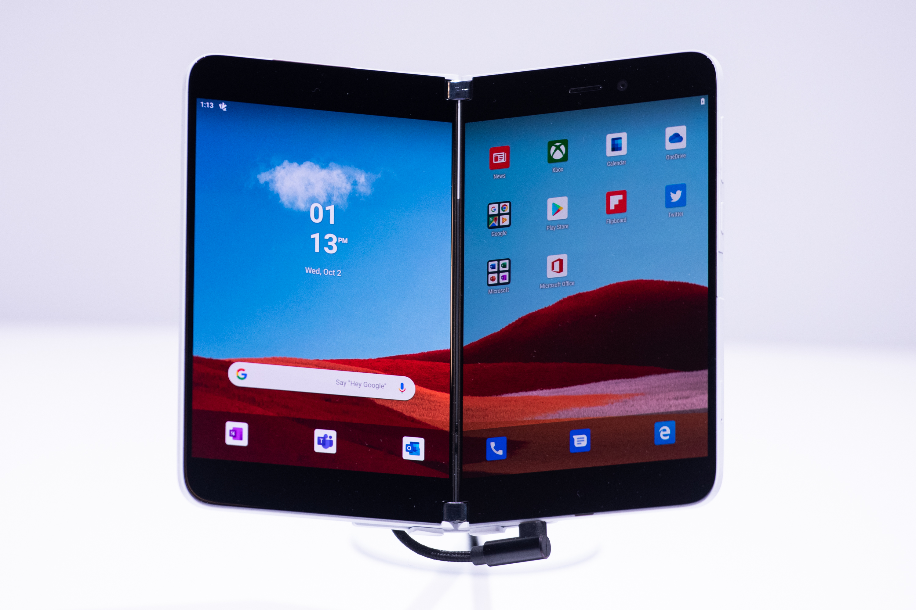Microsoft’s Surface Duo smartphone is displayed during a product event in New York on Oct 2. With the gadget, the firm will be re-entering a market it exited two years ago. Photo: Bloomberg Microsoft’s Surface Duo smartphone is displayed during a product event in New York on Oct 2. With the gadget, the firm will be re-entering a market it exited two years ago. Photo: Bloomberg