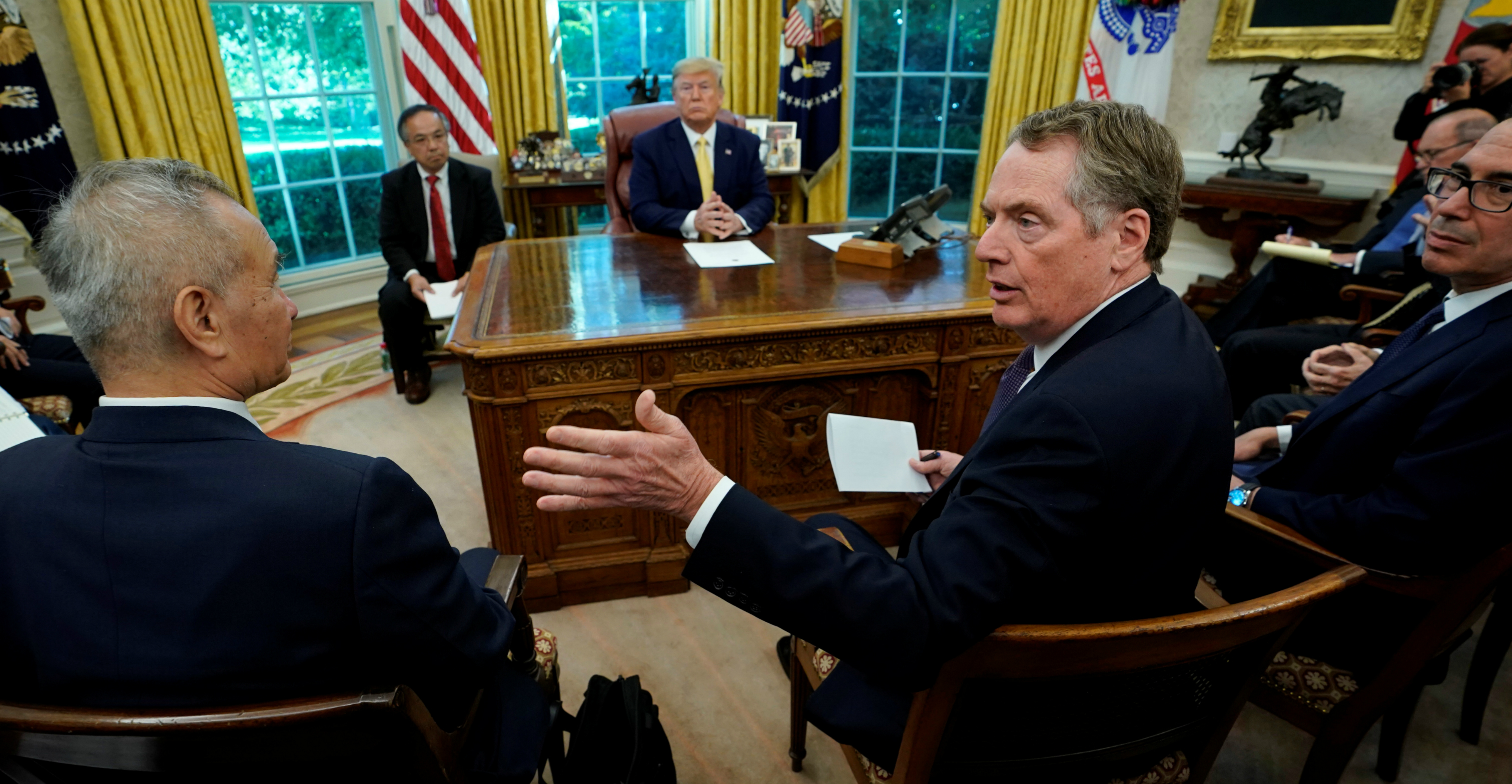 US Trade Representative Robert Lighthizer talks to China's Vice Premier Liu He during a meeting with US President Donald Trump at the White House in Washington on Friday. Photo: Reuters US Trade Representative Robert Lighthizer talks to China's Vice Premier Liu He during a meeting with US President Donald Trump at the White House in Washington on Friday. Photo: Reuters