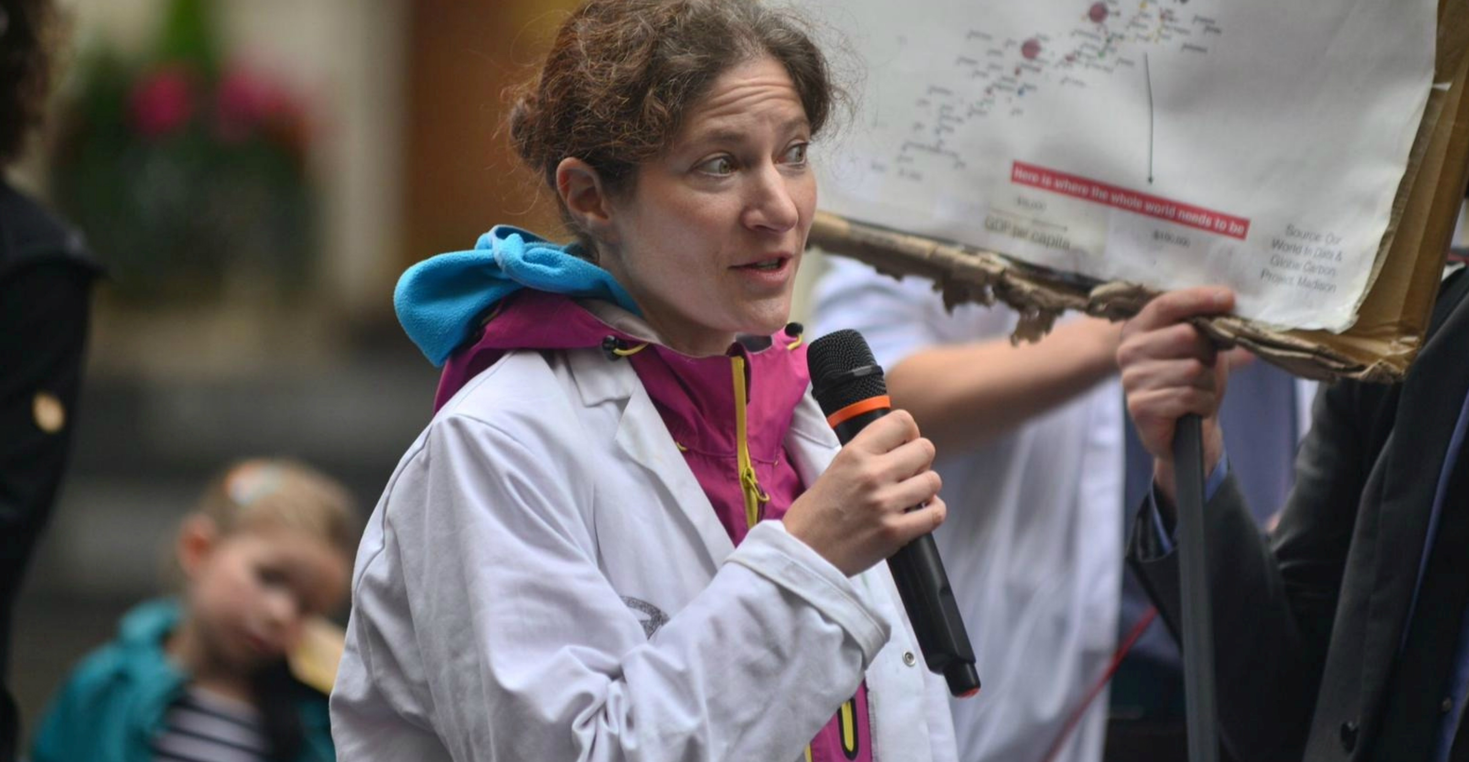 Julia Steinberger, an ecological economist at Britain's University of Leeds, endorses mass civil disobedience to pressure governments to tackle climate change at a protest at London's Science Museum on Saturday. Photo: Louise Jasper/Handout via Julia Steinberger, an ecological economist at Britain's University of Leeds, endorses mass civil disobedience to pressure governments to tackle climate change at a protest at London's Science Museum on Saturday. Photo: Louise Jasper/Handout via