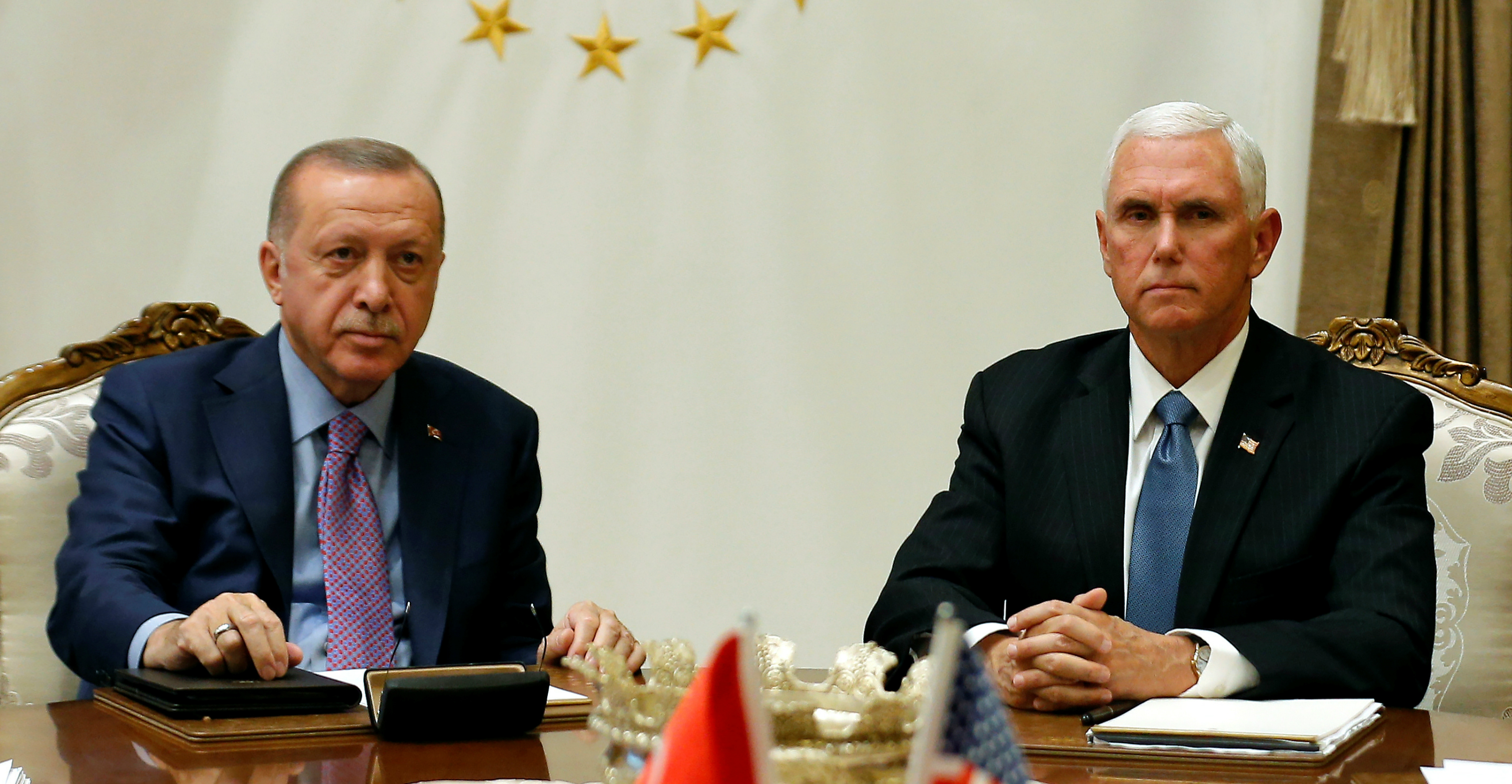 Turkey's President Tayyip Erdogan meets with US Vice President Mike Pence at the Presidential Palace in Ankara on Thursday. Photo: Reuters Turkey's President Tayyip Erdogan meets with US Vice President Mike Pence at the Presidential Palace in Ankara on Thursday. Photo: Reuters