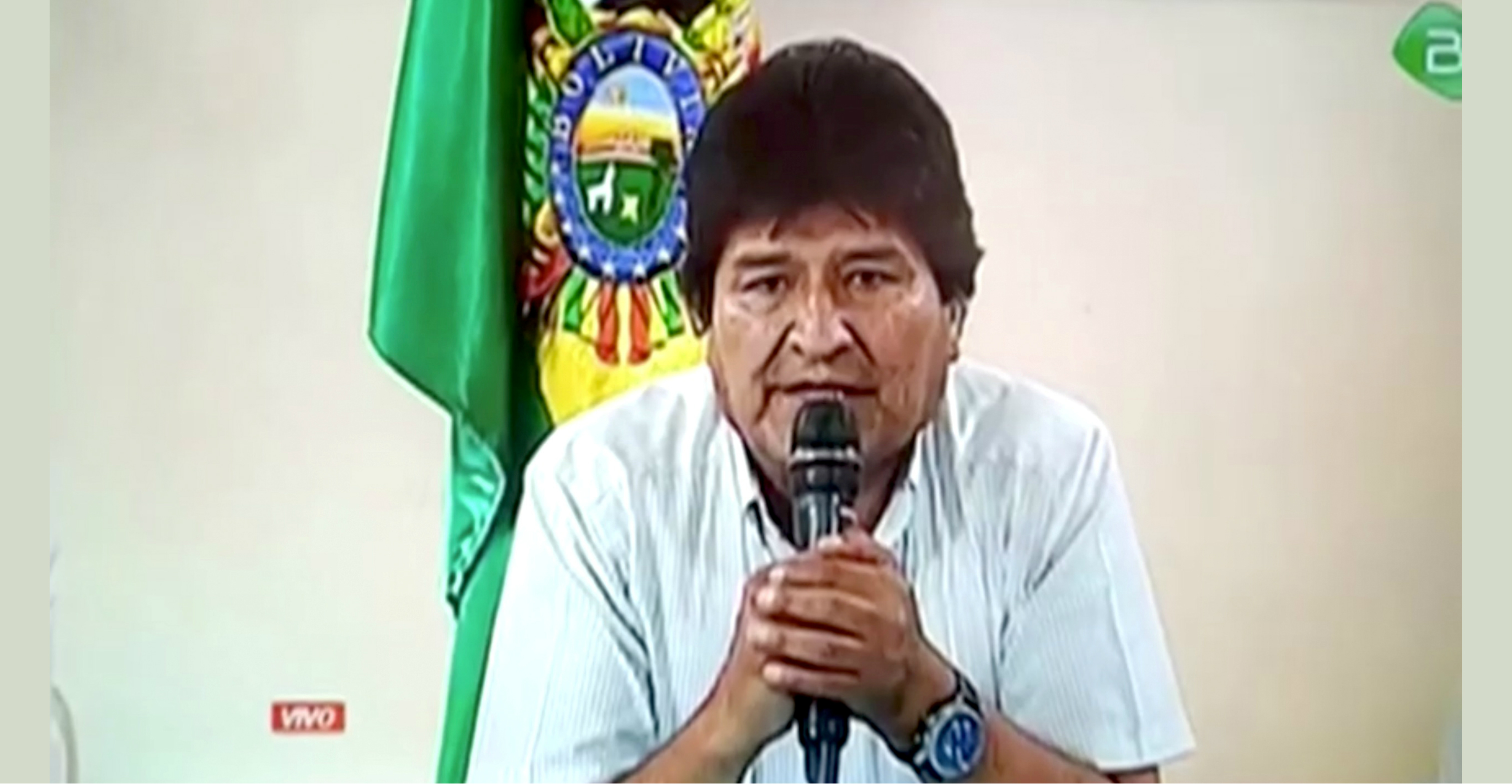 Bolivia's President Evo Morales announces his resignation in Lauca N, Cochabamba on Sunday. Photo: Bolivian Government TV via Reuters Bolivia's President Evo Morales announces his resignation in Lauca N, Cochabamba on Sunday. Photo: Bolivian Government TV via Reuters