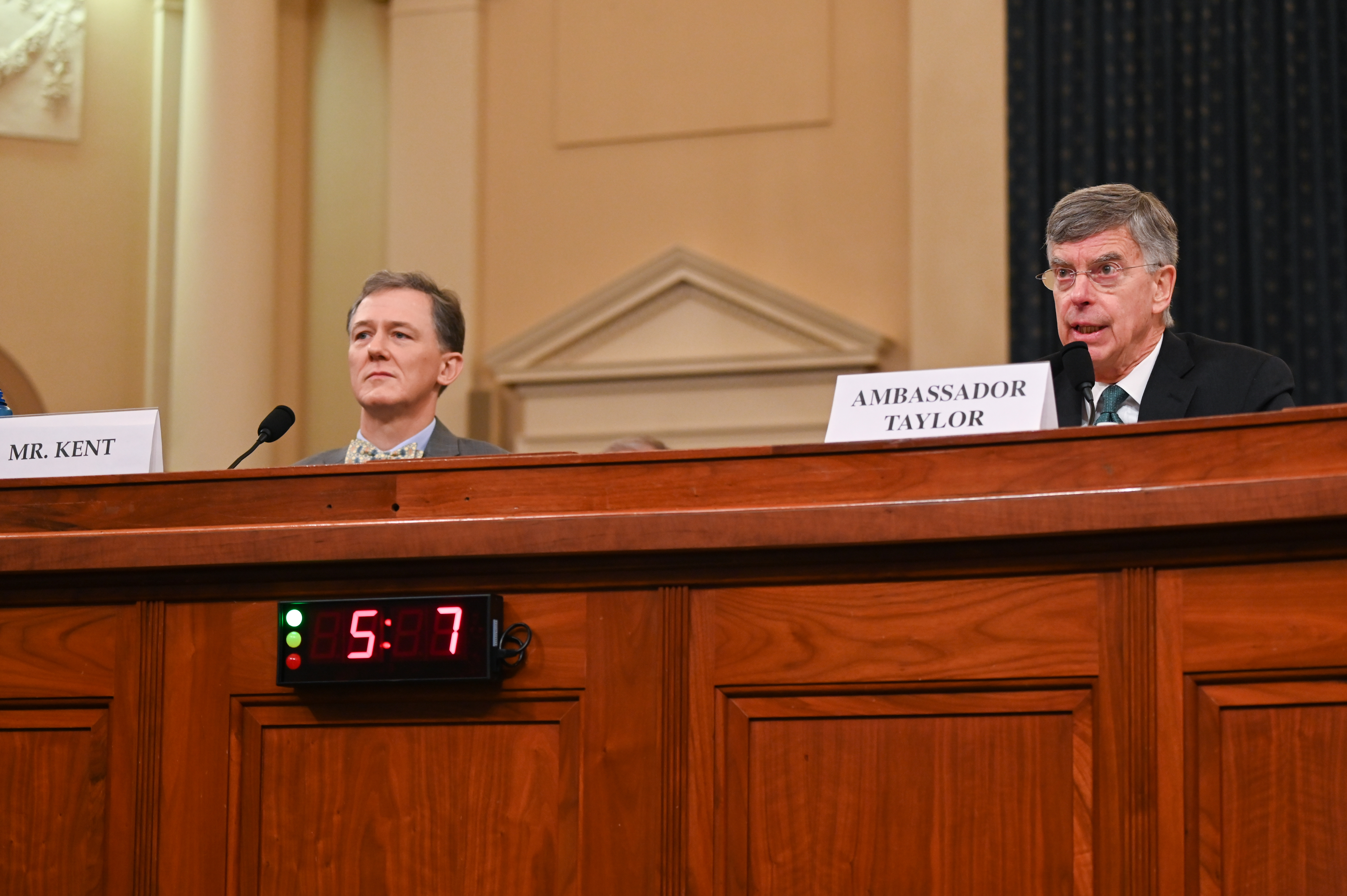 George Kent, deputy assistant secretary of state for European and Eurasian affairs, and William Taylor, the top US diplomat in Ukraine, testify in an impeachment inquiry on Donald Trump in Washington on Wednesday. Photo: Reuters George Kent, deputy assistant secretary of state for European and Eurasian affairs, and William Taylor, the top US diplomat in Ukraine, testify in an impeachment inquiry on Donald Trump in Washington on Wednesday. Photo: Reuters