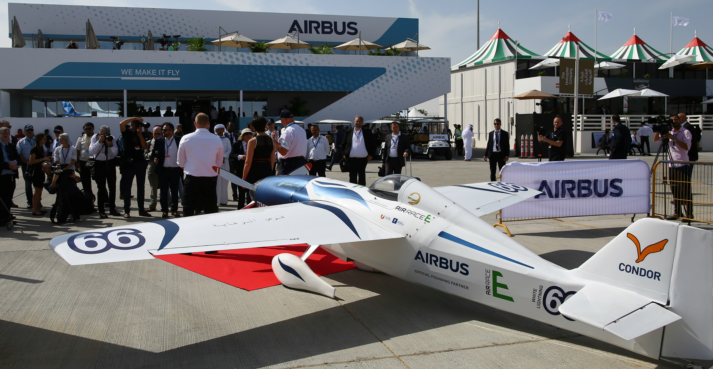 An electric racing aircraft is on display at the Dubai Air Show in Dubai on Sunday. Photo: Reuters An electric racing aircraft is on display at the Dubai Air Show in Dubai on Sunday. Photo: Reuters