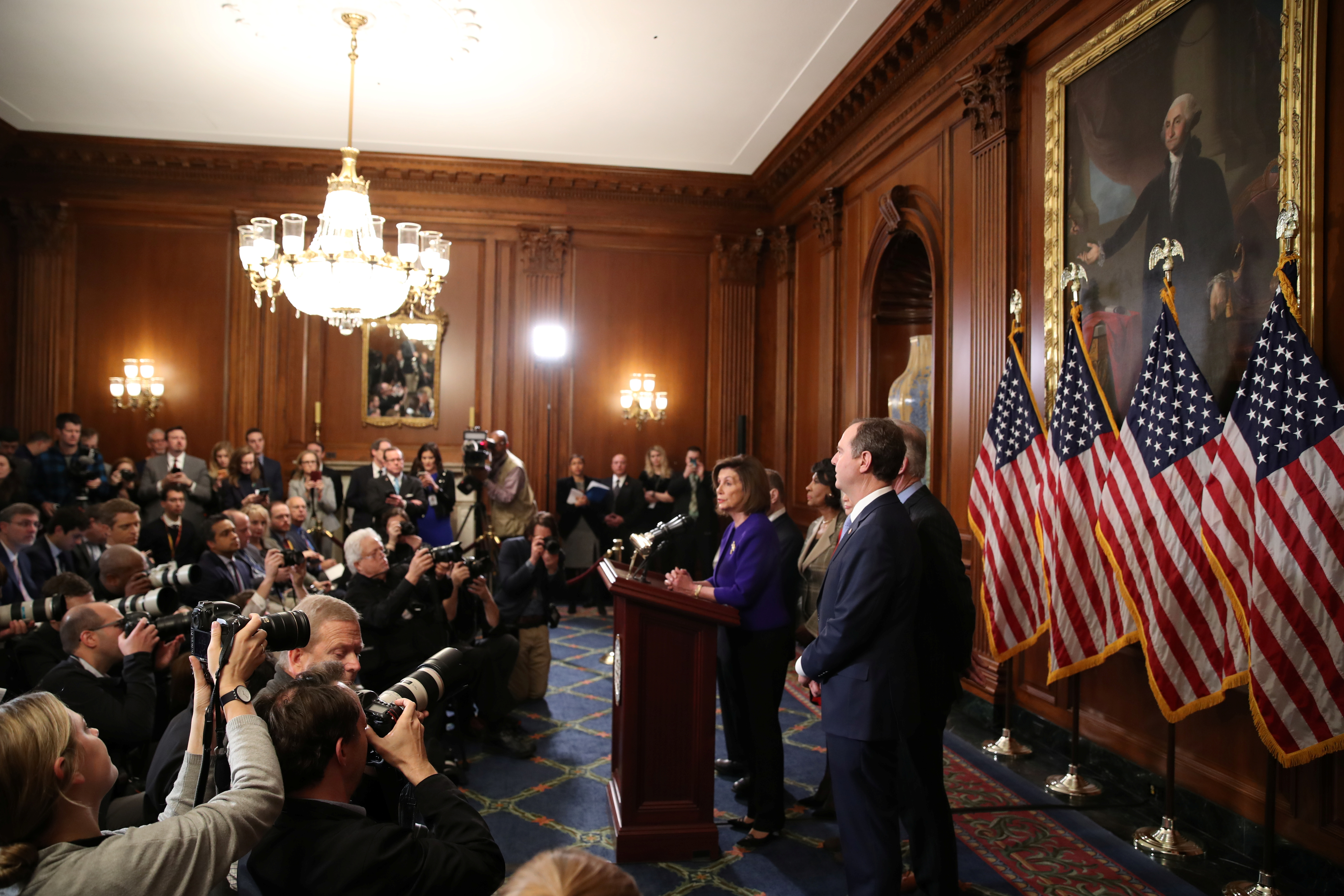House Speaker Nancy Pelosi and other top Democratic lawmakers speak at a news conference in Washington on Tuesday to announce articles of impeachment against President Donald Trump. Photo: Reuters House Speaker Nancy Pelosi and other top Democratic lawmakers speak at a news conference in Washington on Tuesday to announce articles of impeachment against President Donald Trump. Photo: Reuters