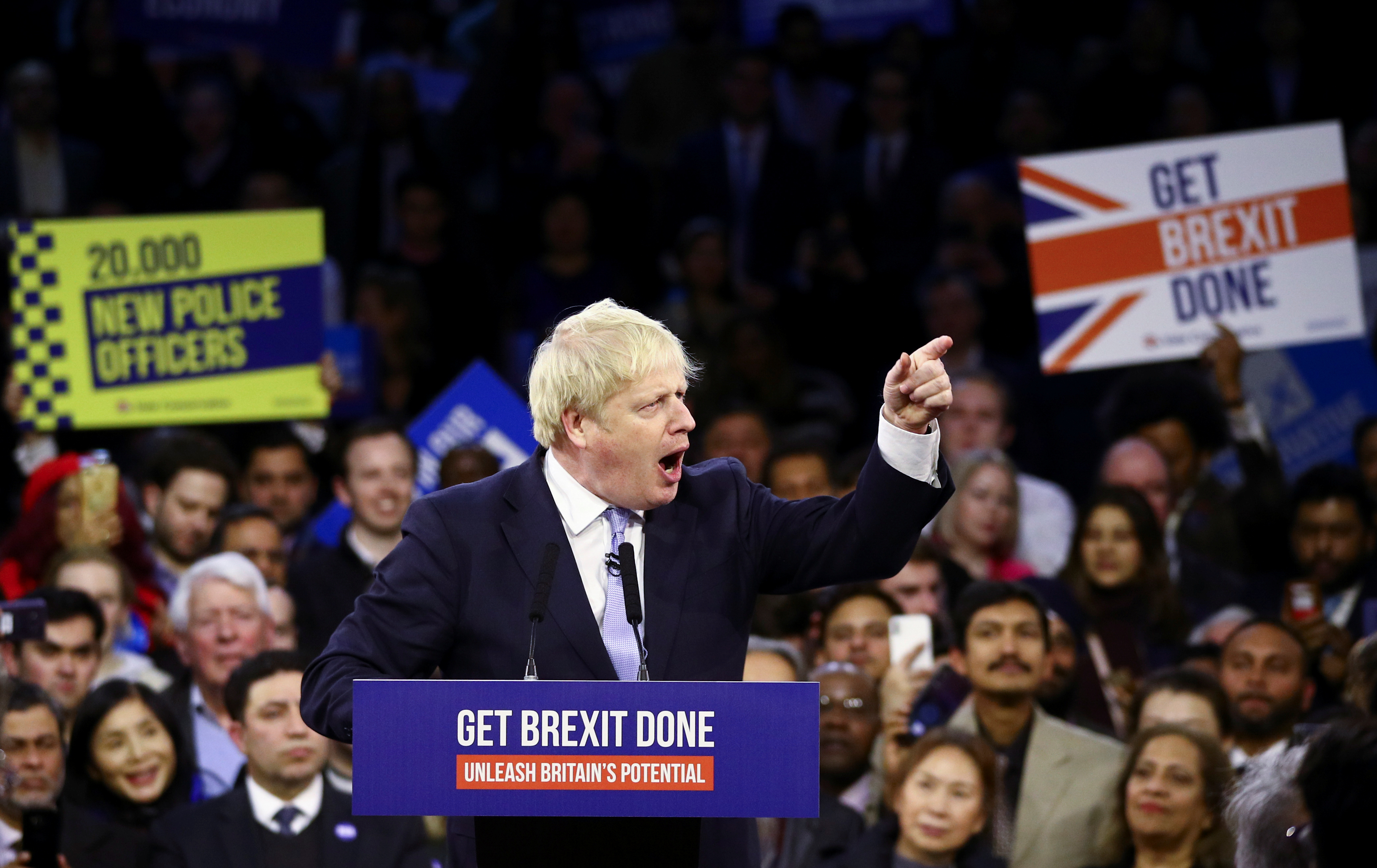 British Prime Minister Boris Johnson speaks during a final general election campaign event in London on Wednesday. Photo: Reuters British Prime Minister Boris Johnson speaks during a final general election campaign event in London on Wednesday. Photo: Reuters