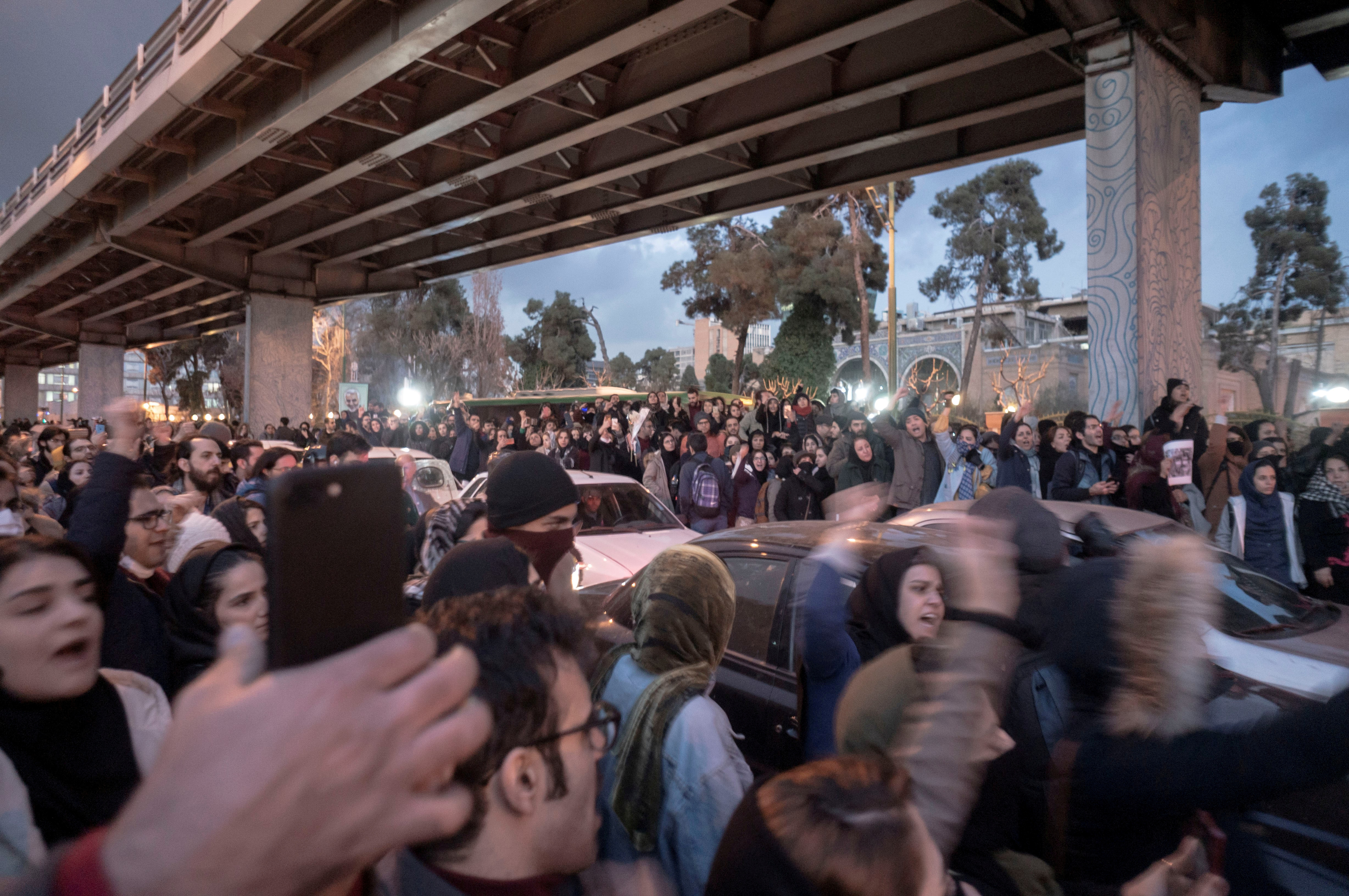 Protesters demonstrate in Tehran on January 11 in this picture obtained from social media by Reuters. Anger over the Ukraine plane shooting has prompted thousands to take to the streets again in Iran. Protesters demonstrate in Tehran on January 11 in this picture obtained from social media by Reuters. Anger over the Ukraine plane shooting has prompted thousands to take to the streets again in Iran.