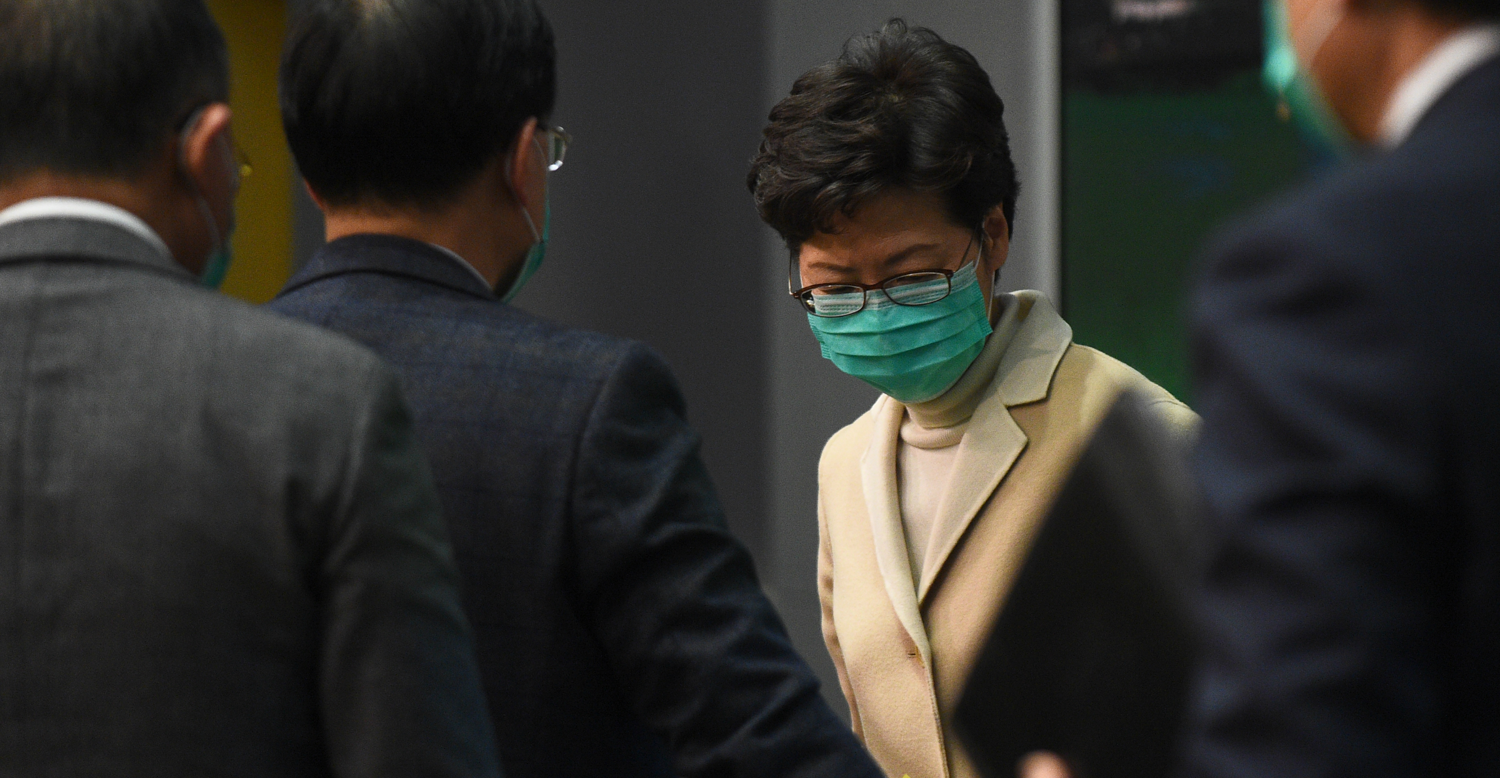 Chief Executive Carrie Lam prepares to leave at the end of a news conference on Jan. 31. Photo: AFP Chief Executive Carrie Lam prepares to leave at the end of a news conference on Jan. 31. Photo: AFP