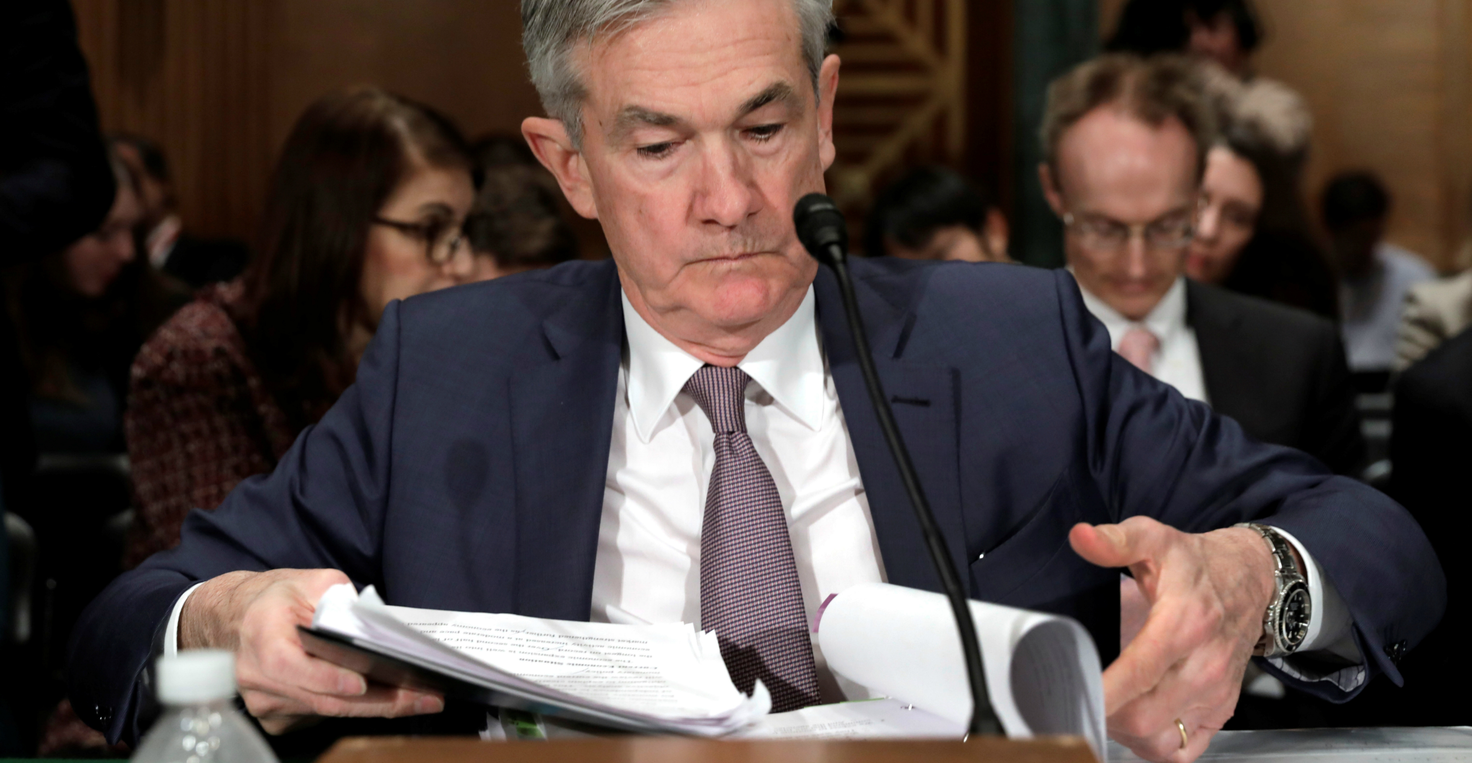 Federal Reserve Chairman Jerome Powell prepares to leave after testifying at a hearing of the Senate Banking Committee on Capitol Hill in Washington on Tuesday. Photo: Reuters Federal Reserve Chairman Jerome Powell prepares to leave after testifying at a hearing of the Senate Banking Committee on Capitol Hill in Washington on Tuesday. Photo: Reuters