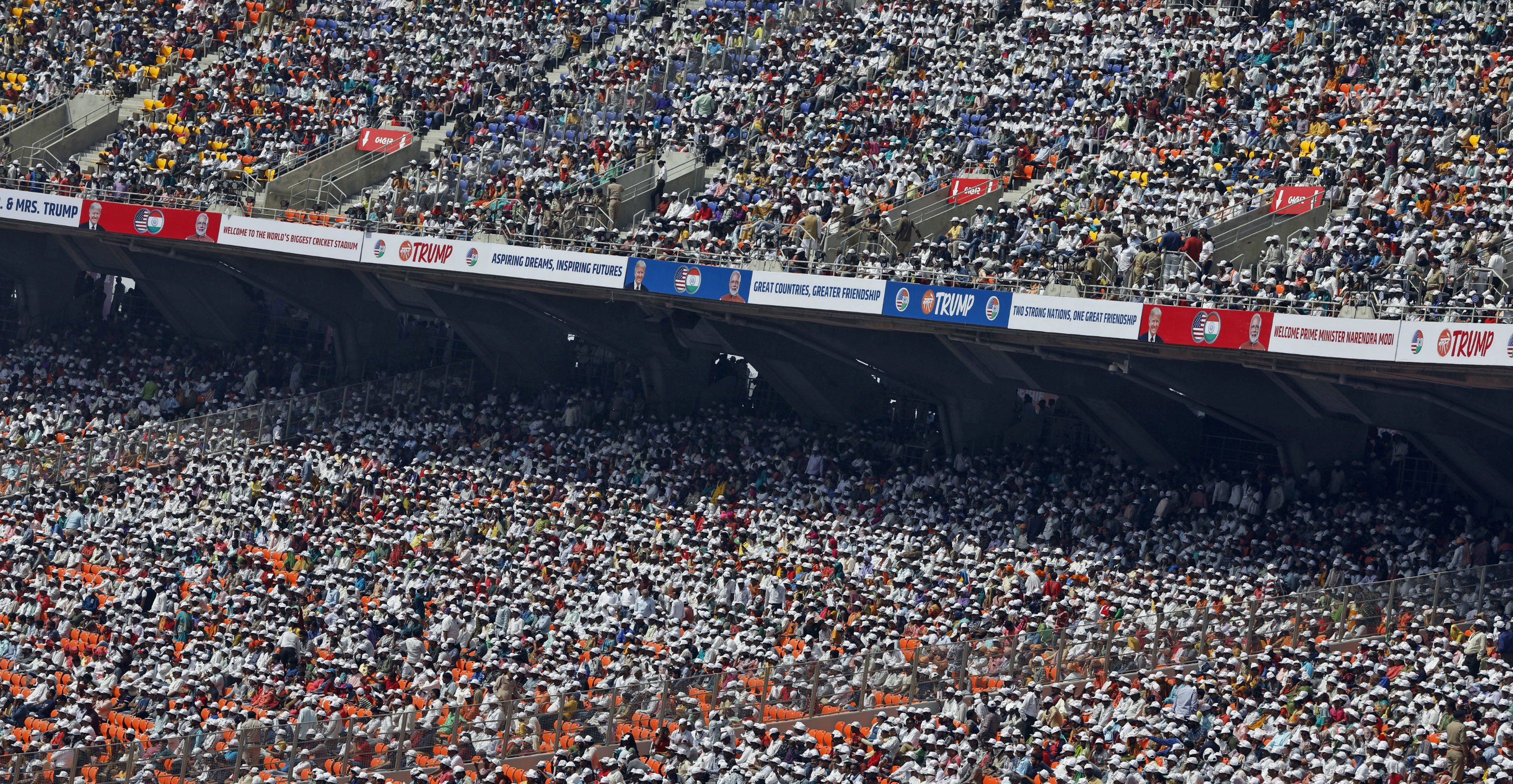 Crowds gather at the Sardar Patel Stadium, where US President Donald Trump addresses a "Namaste Trump" event with Indian Prime Minister Narendra Modi in Ahmedabad on Monday. Photo: Reuters Crowds gather at the Sardar Patel Stadium, where US President Donald Trump addresses a "Namaste Trump" event with Indian Prime Minister Narendra Modi in Ahmedabad on Monday. Photo: Reuters