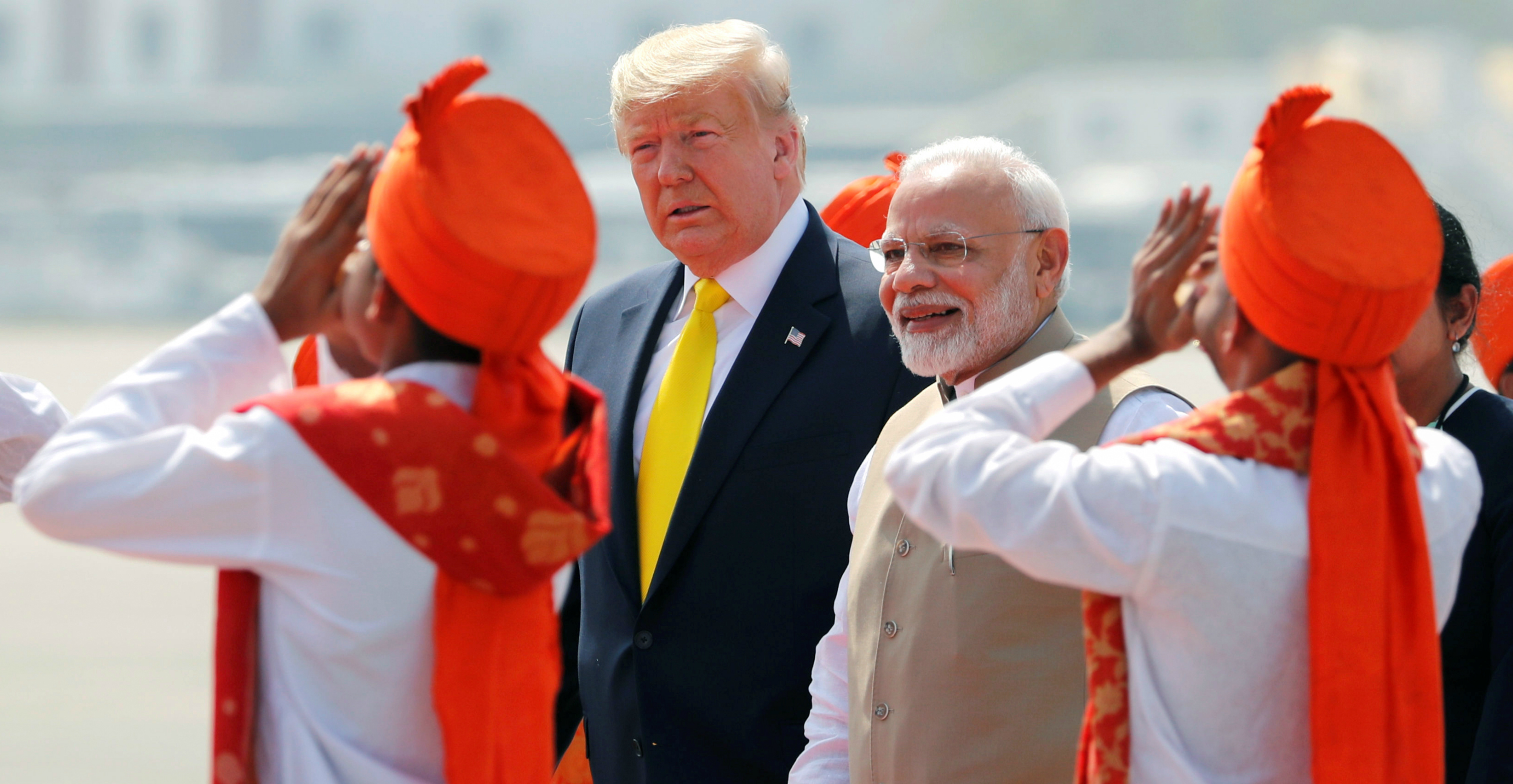 US President Donald Trump is welcomed by Indian Prime Minister Narendra Modi at Sardar Vallabhbhai Patel International Airport in Ahmedabad, India on Monday. Photo: Reuters US President Donald Trump is welcomed by Indian Prime Minister Narendra Modi at Sardar Vallabhbhai Patel International Airport in Ahmedabad, India on Monday. Photo: Reuters