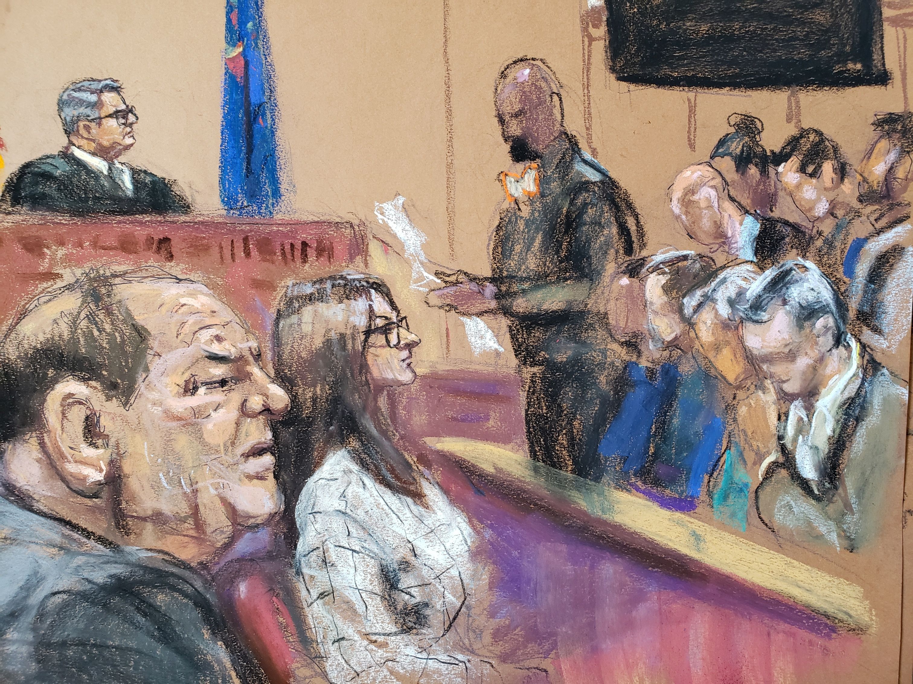 Jury foreman reads the verdict in film producer Harvey Weinstein's sexual assault trial in New York City on Monday in this courtroom sketch. Credit: Reuters Jury foreman reads the verdict in film producer Harvey Weinstein's sexual assault trial in New York City on Monday in this courtroom sketch. Credit: Reuters