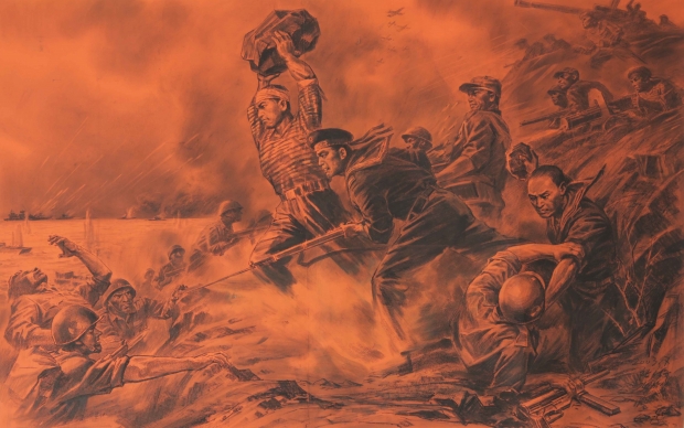 外國藏家喜好軍事題材，這幅畫為表達全國山河一片紅，便先將白紙塗紅再落筆。　(受訪者提供)