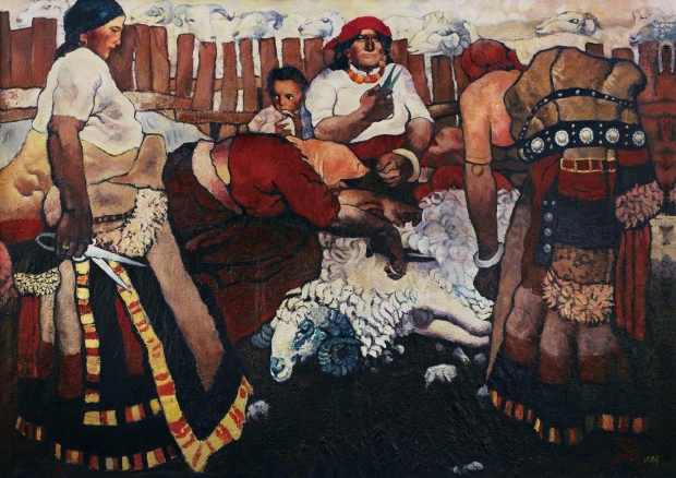 八十年代周春芽前往四川甘孜阿壩藏區創作，作品《剪羊毛》乃藏族繪畫代表作。　(網上圖片)